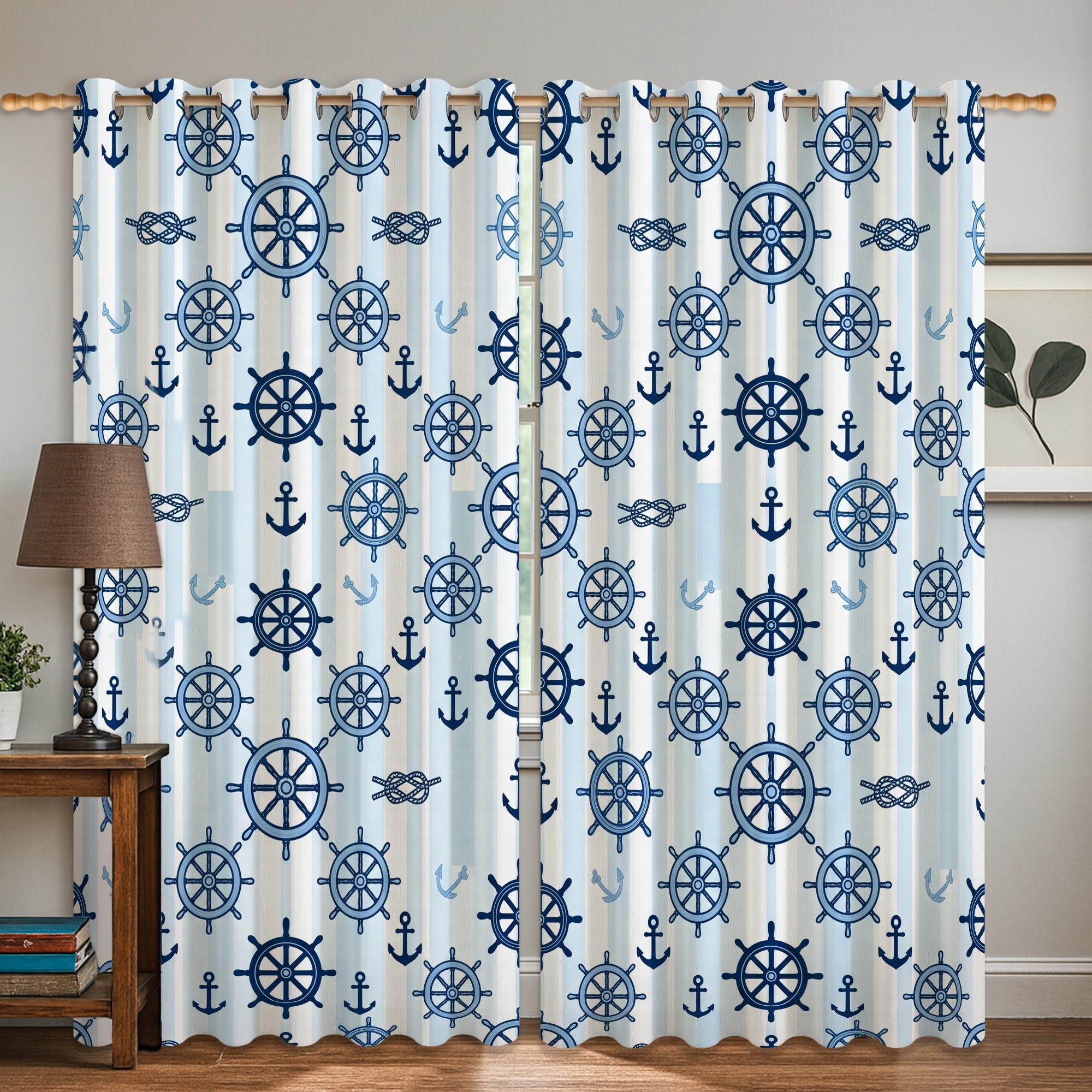 Rideaux occultants de bureau 132x183cm, motif ancre côtière et nœud marin bleu