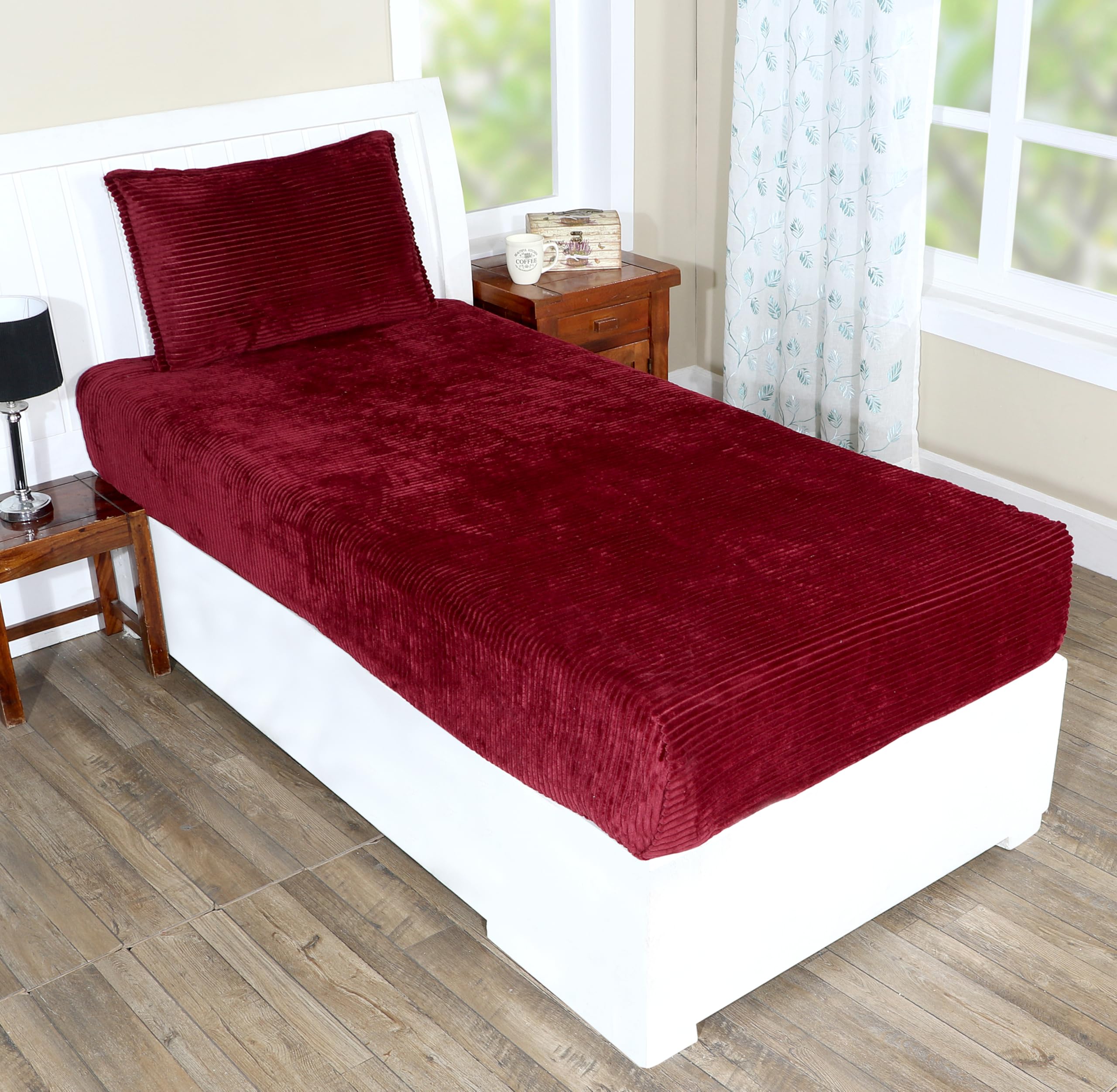 RD TREND 190 GSM Flannel Elastic Fitted Warm bedsheets for Winter Single Bed (72x48x8 Inches) with 1 Pillow Cover Size (18x28 Inches) Color- Marron-picture-23