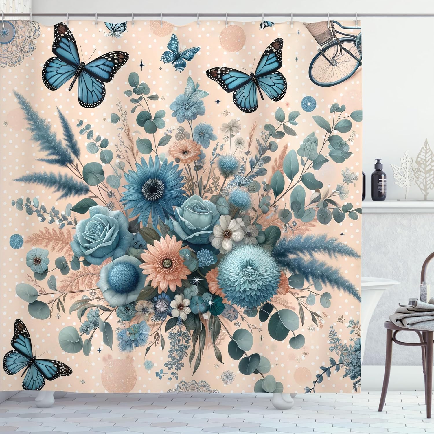 Ambesonne Floral Eucalyptus Shower Curtain, Joyful Delicate Spring Garden with Leaves Butterflies and Flowers, Cloth Fabric Bathroom Decor Set with Hooks, 69" W x 75" L, Blush and Sea Blue