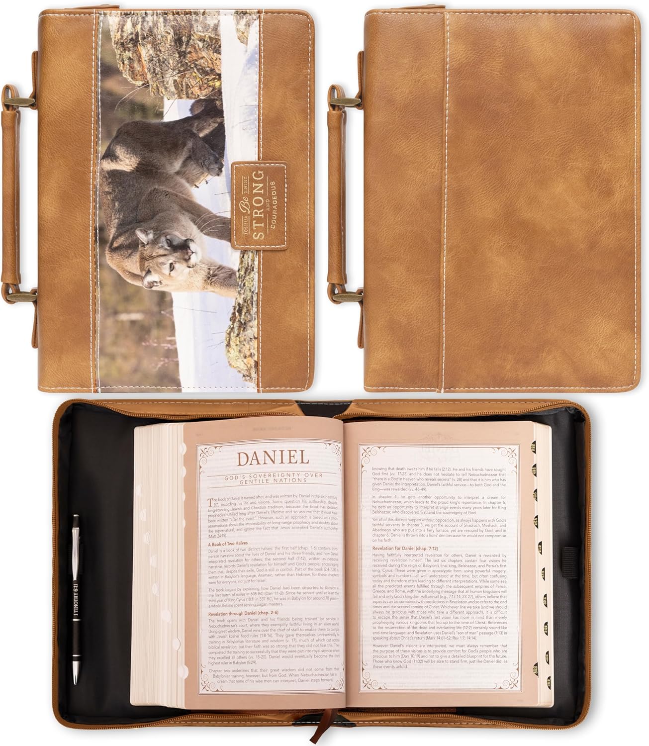 Christian Art Gifts Classic Faux Leather Bible Cover: Be Strong and Courageous - Joshua 1:9 Inspirational Bible Verse with Mountain Lion, Toffee Brown, Large
