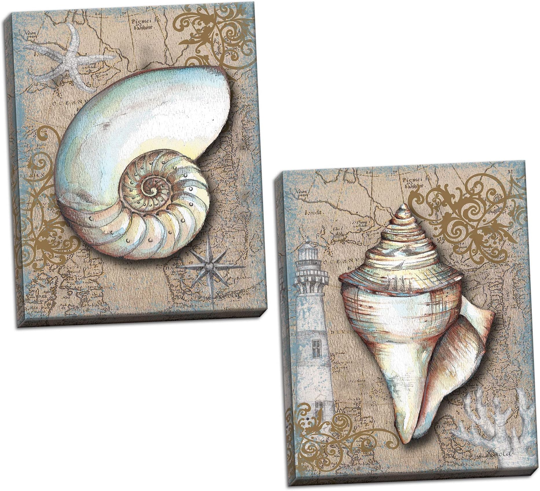 Gango Editions 2 Brown Seashell Art Print Posters Lighthouse Ocean Sea Pirate Treasure Map, Set of Two 11x14 Hand-Stretched Canvases Ready to Hang on Your Wall!
