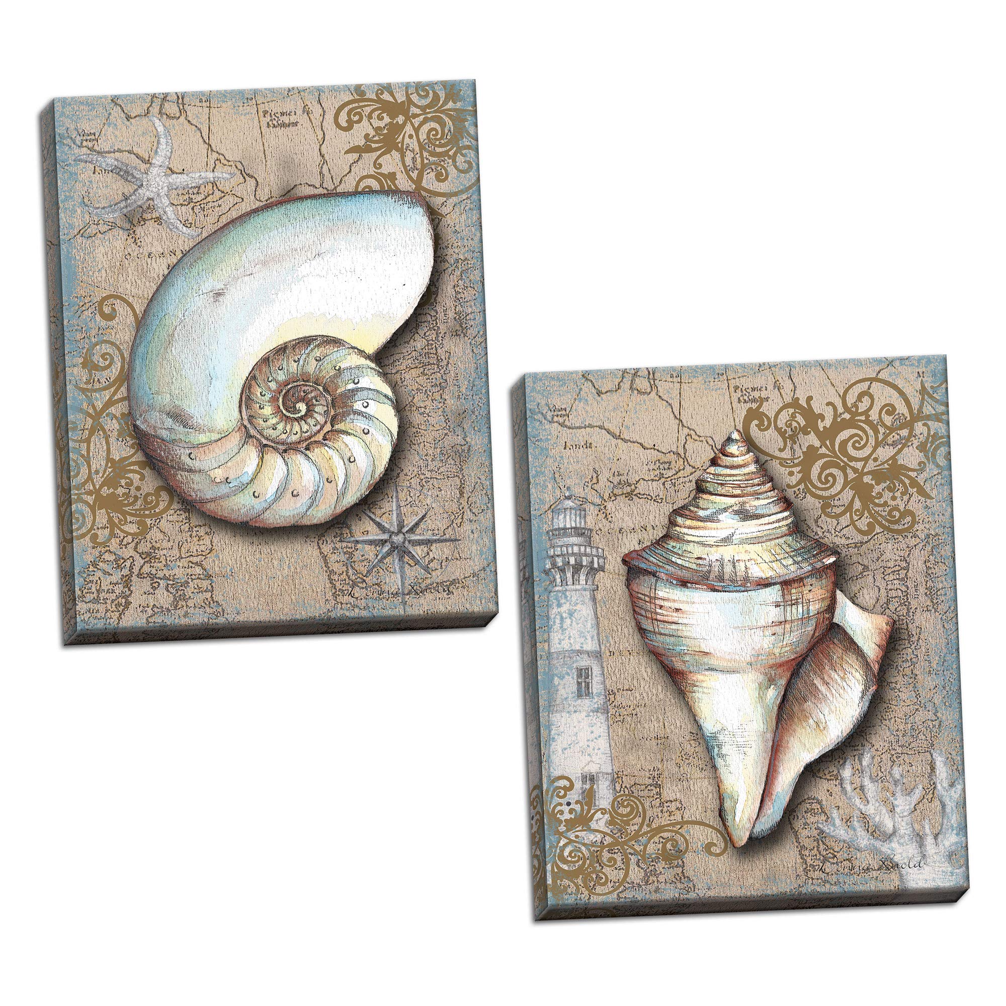 Gango Editions 2 Brown Seashell Art Print Posters Lighthouse Ocean Sea Pirate Treasure Map, Set of Two 11x14 Hand-Stretched Canvases Ready to Hang on Your Wall!