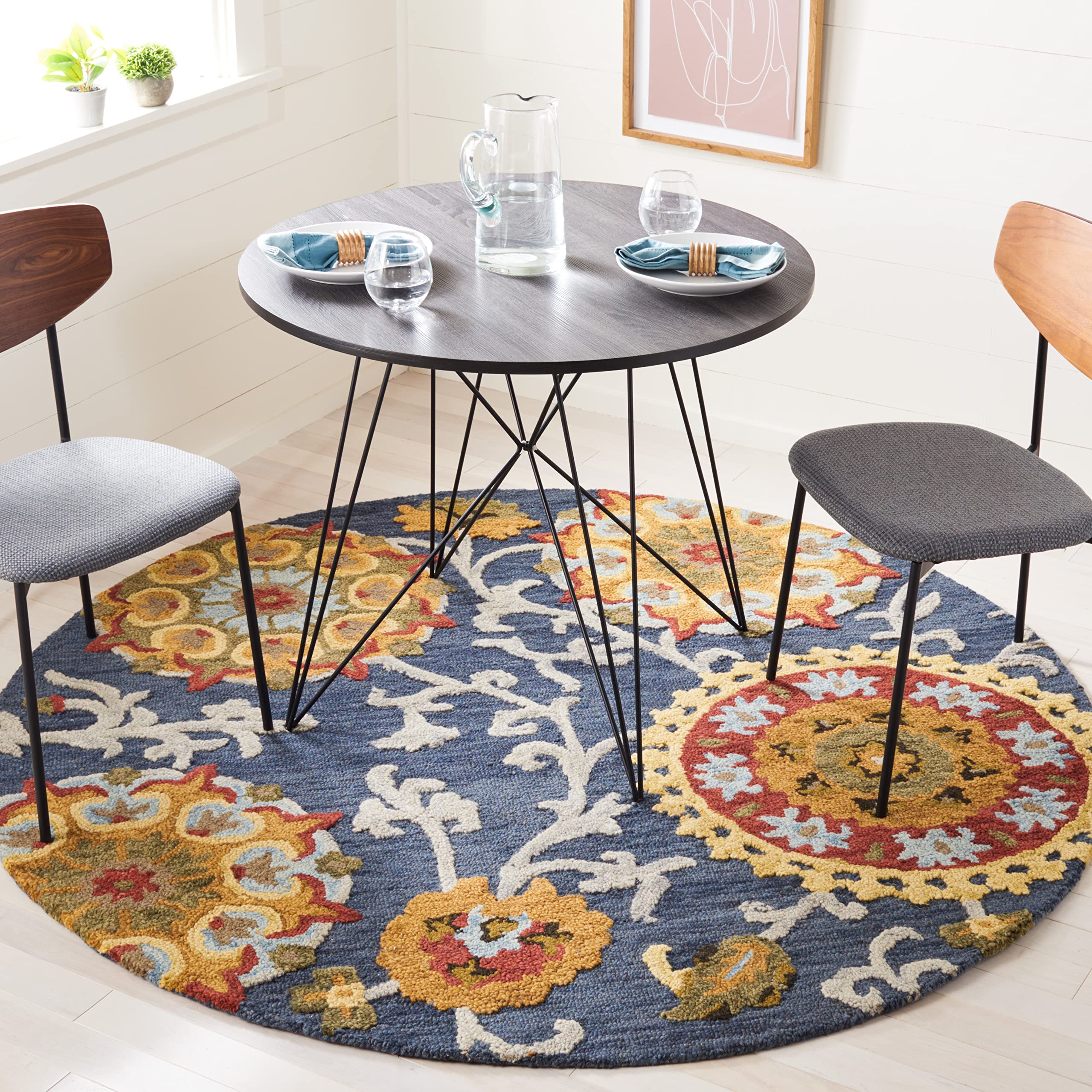 SAFAVIEH Blossom Collection 4' Round Navy/Multi BLM401N Handmade Wool Area Rug