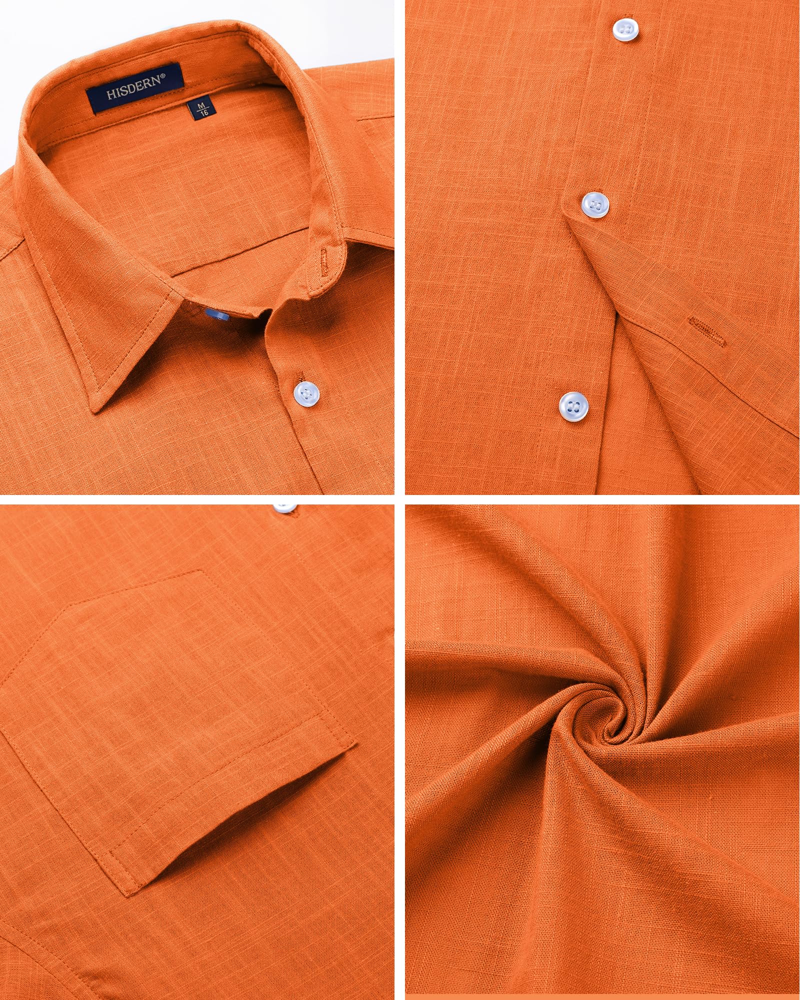 HISDERN Camisas de Lino y Algodón para Hombre Manga Larga Ligeras Verano Lino Camisa de Ajuste Regular Abotonadas Casual Shirt con Bolsillo