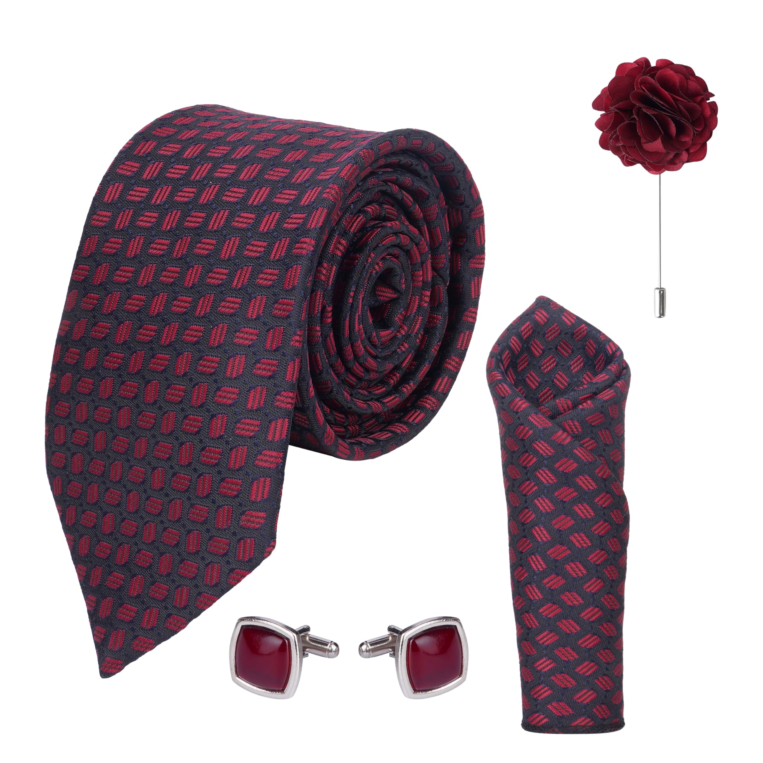 calixto Men's Microfibre Italian, Floral Printed Necktie Tie With Pocket Square,Lapel Pin,Cufflinks (Leatharite Gift Box) (Pack of 4) 9-picture-22