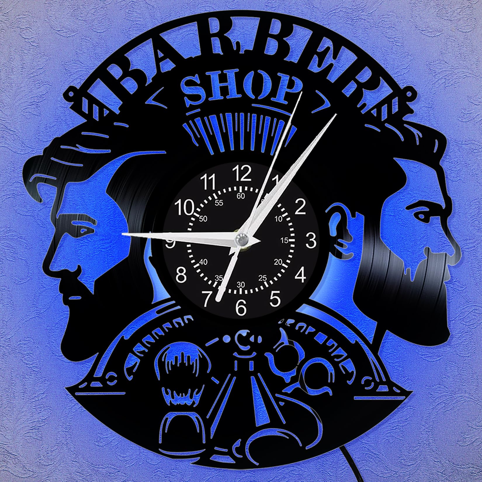 HONKKTHY Barber Wall Clock - Salon Gift Vinyl Art, Razor & Scissors Theme Silent Clock, 12" Round Barber Shop Decor for Hairstylists, Salon Owners, Man Cave Wall Decor (with LED)