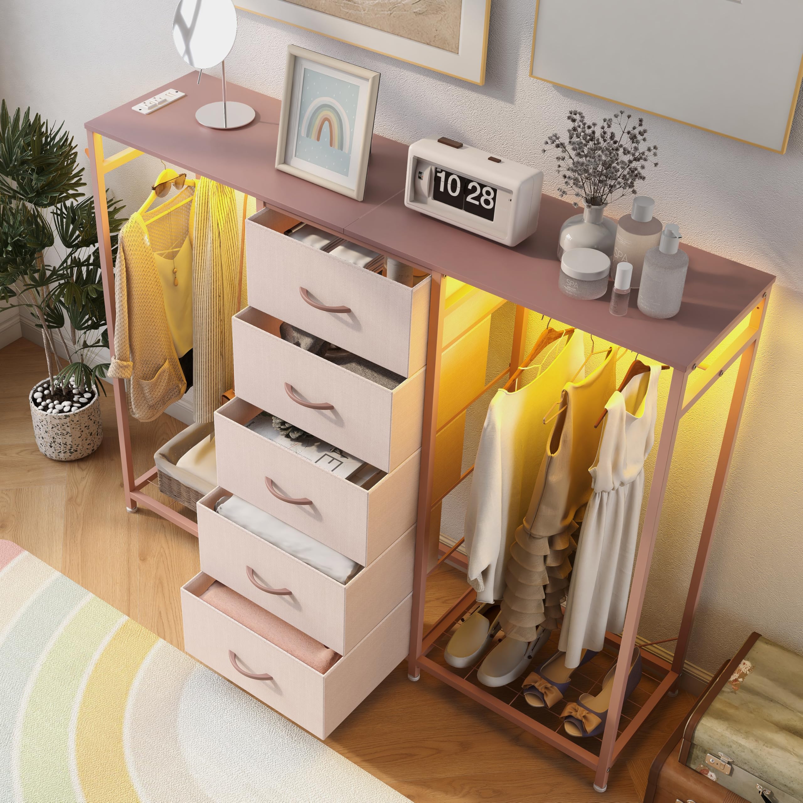 Cómoda para dormitorio con perchero, cómoda de 5 cajones con estación de carga, luces LED, cómoda blanca, estante flexible y espacio de almacenamiento abierto para dormitorio, sala de estar 5