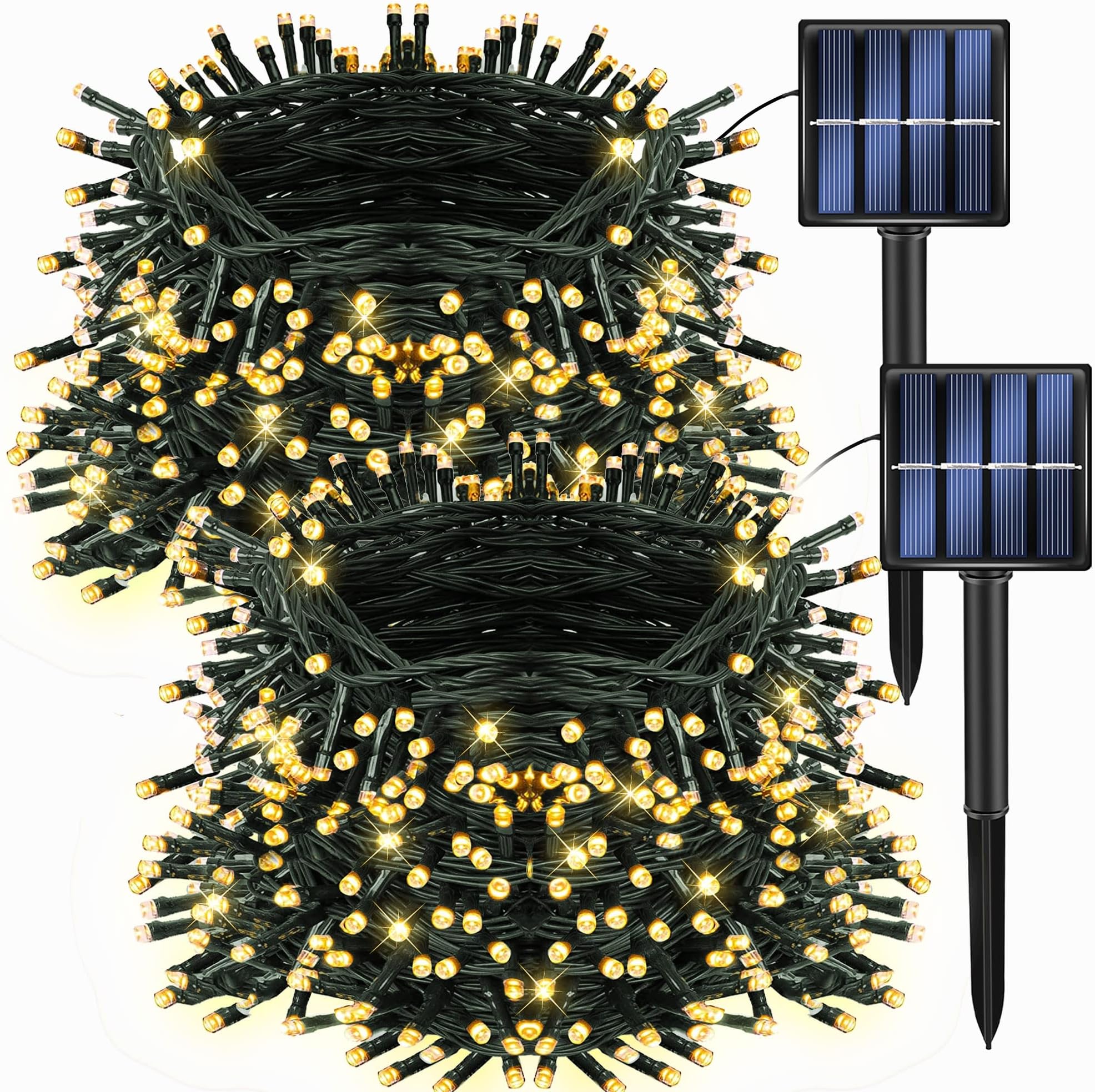 Dazzle Bright 2 Pack 200 LED 66 FT Warm White Christmas Solar String Outdoor Lights, Solar Powered with 8 Modes Waterproof Fairy Lights for Bedroom Patio Garden Tree Party Yard Decoration