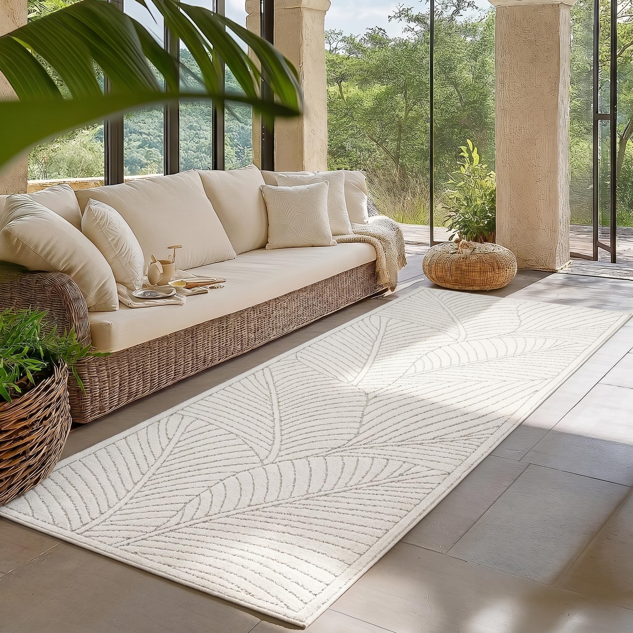 HomebyHome Kurzflor Teppich Wohnzimmer Schlafzimmer 3D Hoch-Tief-Effekt, Skandinavisch Boho Motiv, für Outdoor Bereich geeignet Terrassen oder im Balkon