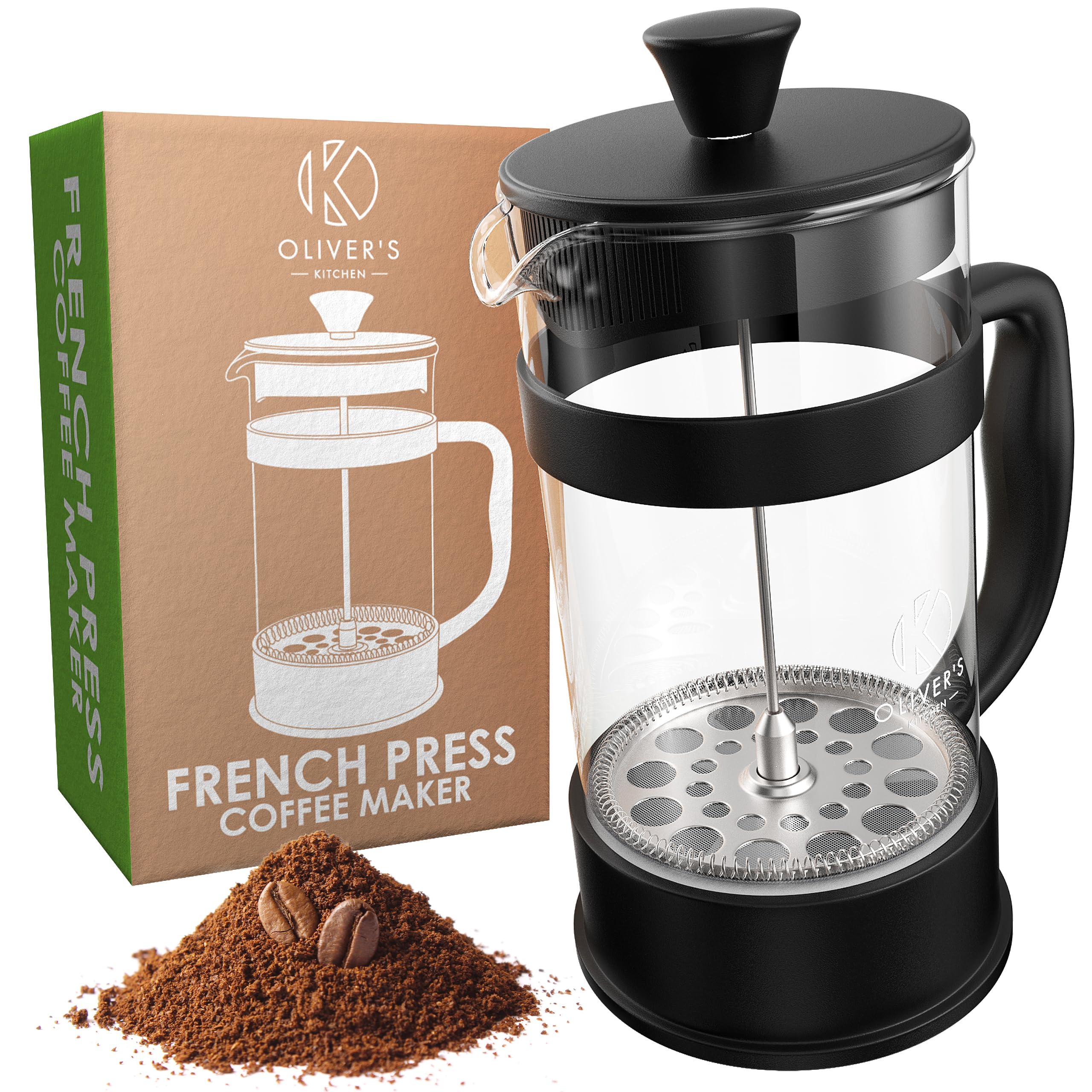 Oliver's Kitchen ® 1 Liter French Press Coffee Maker - A Cafetiere Designed Exclusively for Coffee Lovers - Enjoy Pure Authentic Coffee At Home - Stylish Design with Heat Resistant Thickened Glass