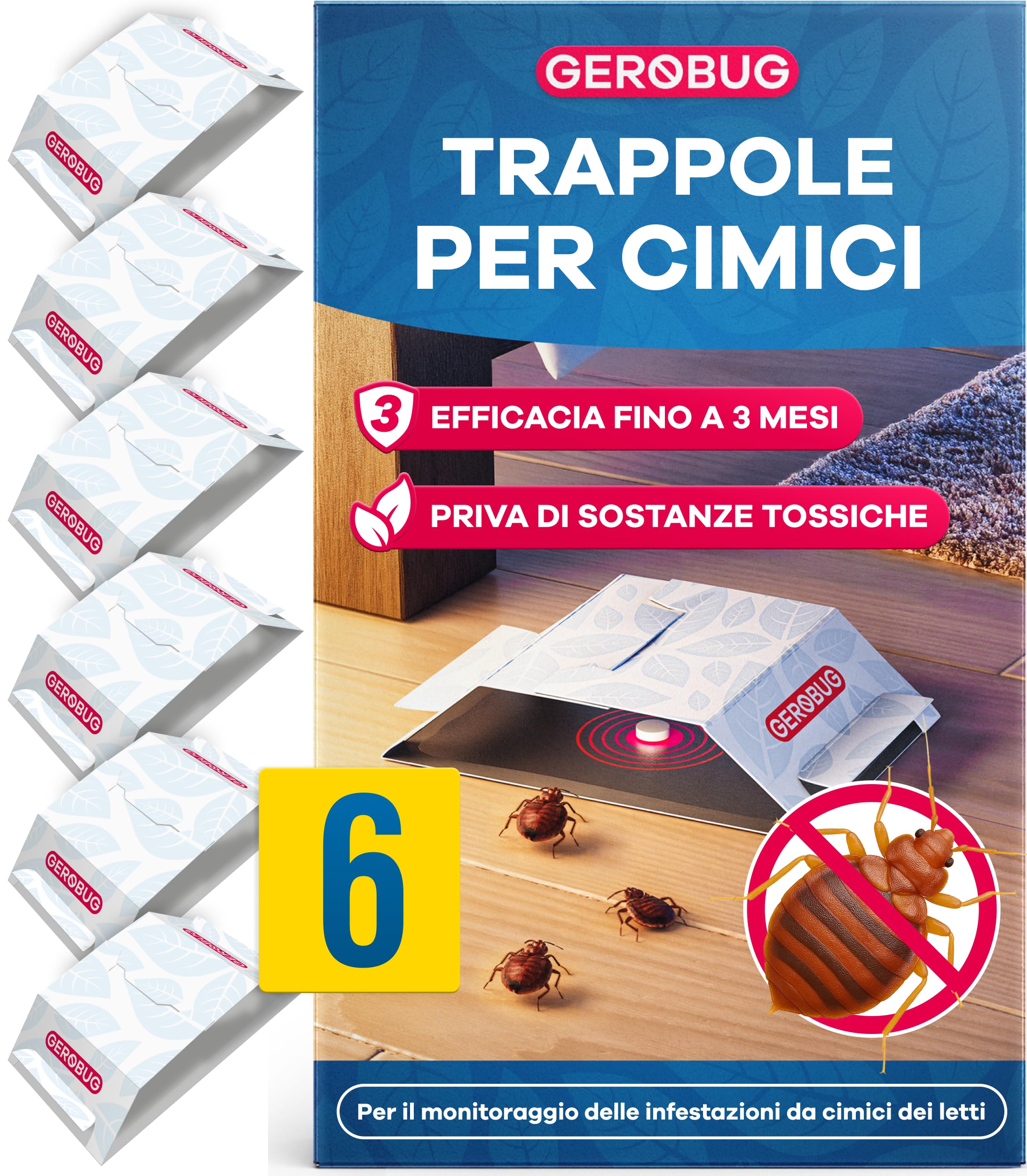 Gerobug Trappola per Cimici da Letto 6 Pezzi - Efficaci Trappole Adesive con Forte Attrattivo per la Rilevazione Precoce di Cimici da Letto - Monitoraggio senza Sostanze Chimiche & Immediatamente