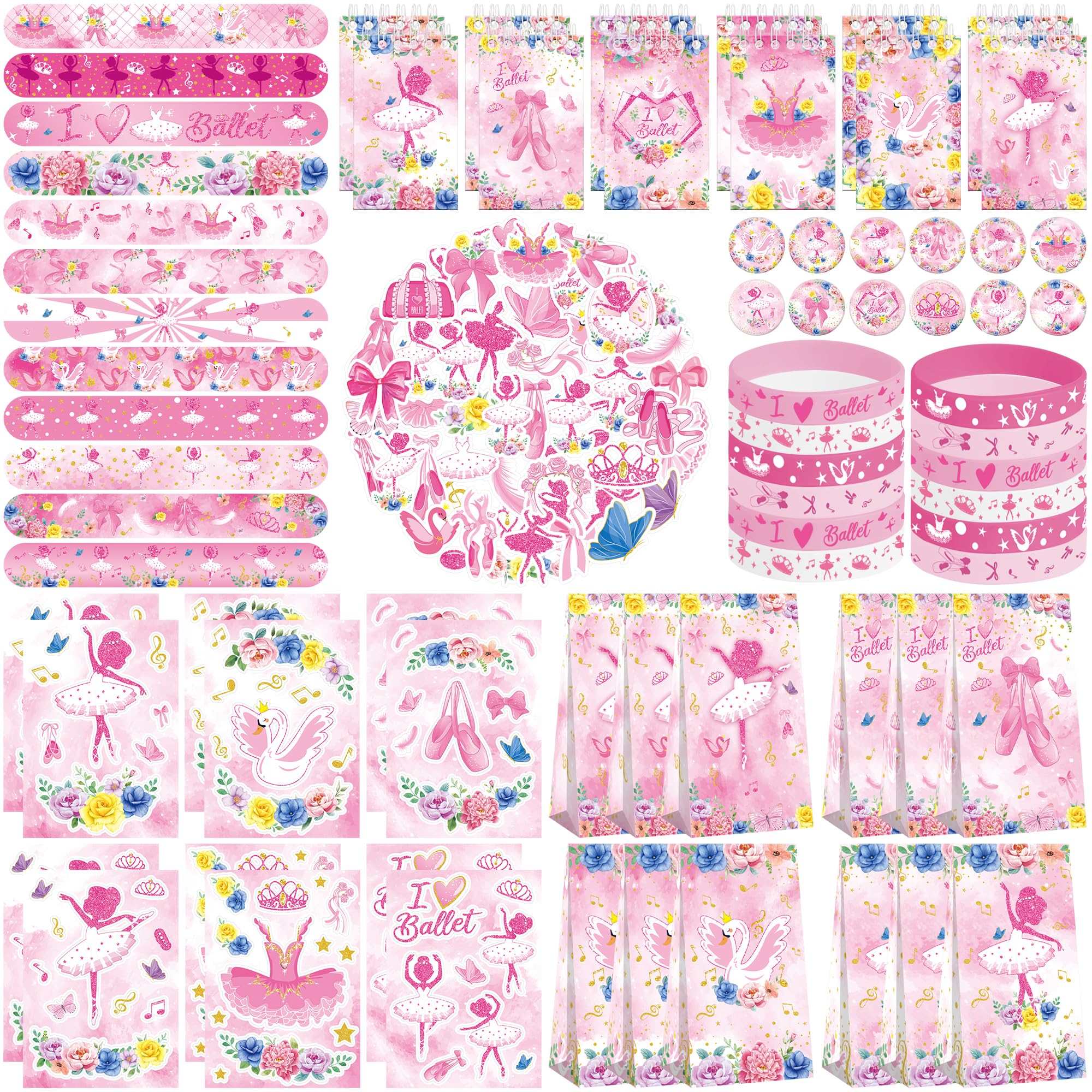 Ballet Party Favors, 12 Goodie Bags, 12 Mini Notepads, 12 Rubber Bracelets, 50 Stickers, 12 Assemble Stickers, 12 Button Badges, 12 Slap Bracelets for Girls Dance Ballerina Party Supplies, 122PCS