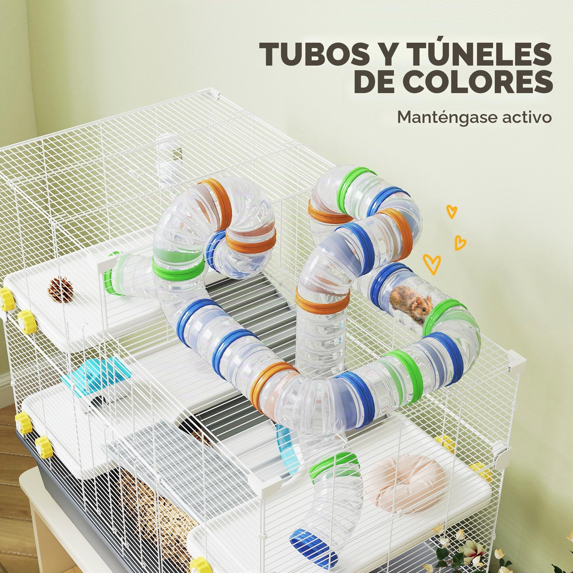 PawHut Jaula para hámster de 4 niveles, jaula para roedores y animales pequeños, con rueda, tazón de pienso, túnel, puerta superior, jaula para pequeños animales, jaula para hámsters sirios, 78 x 45 x