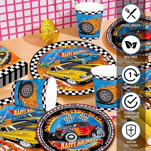 Vista 3 de 168 piezas de decoración de fiesta de cumpleaños de coche de carreras Platos de coche de carreras Servilletas Vasos desechables de papel Horquillas