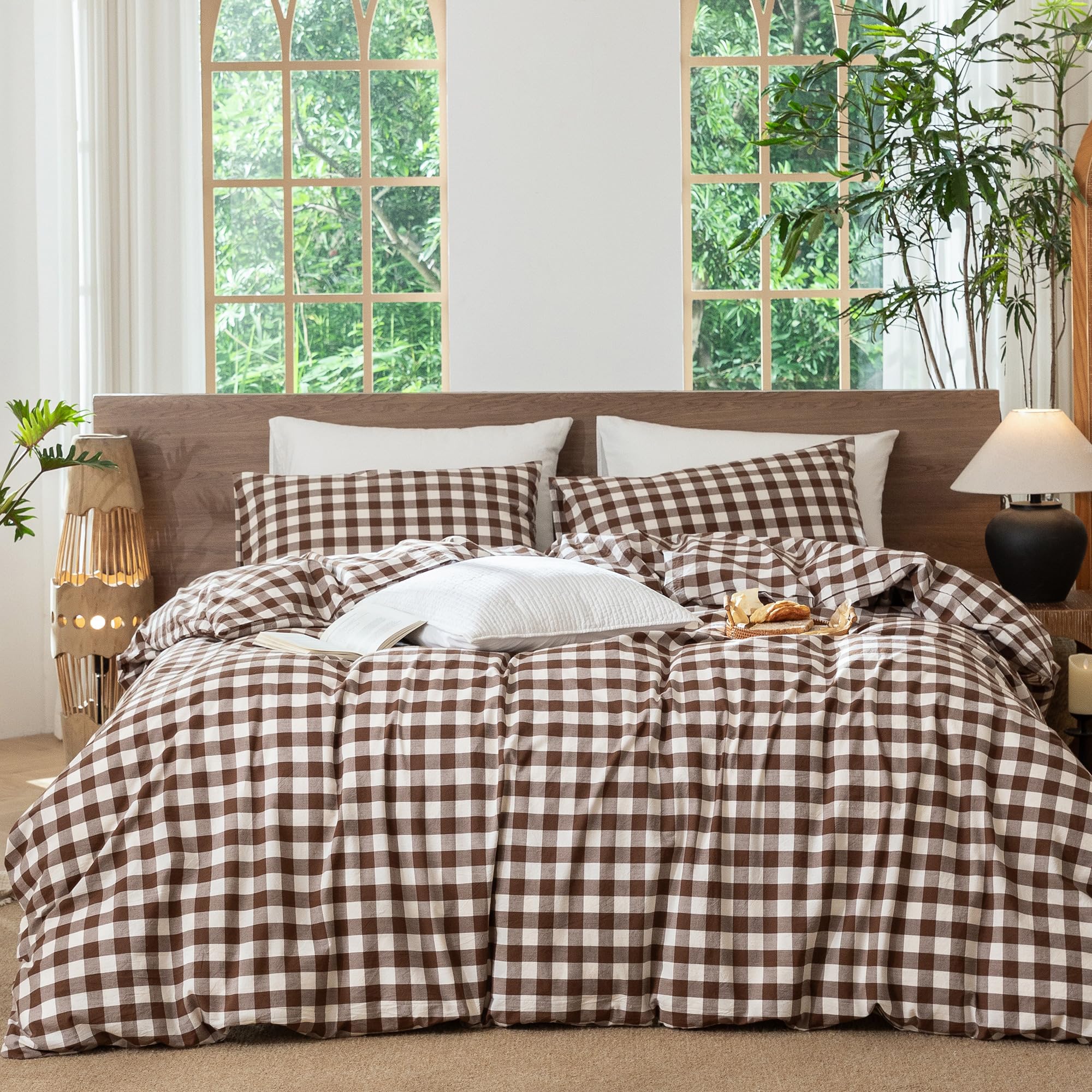 MooMee Gingham Duvet Cover Set 100% Washed Cotton Linen Like Queen