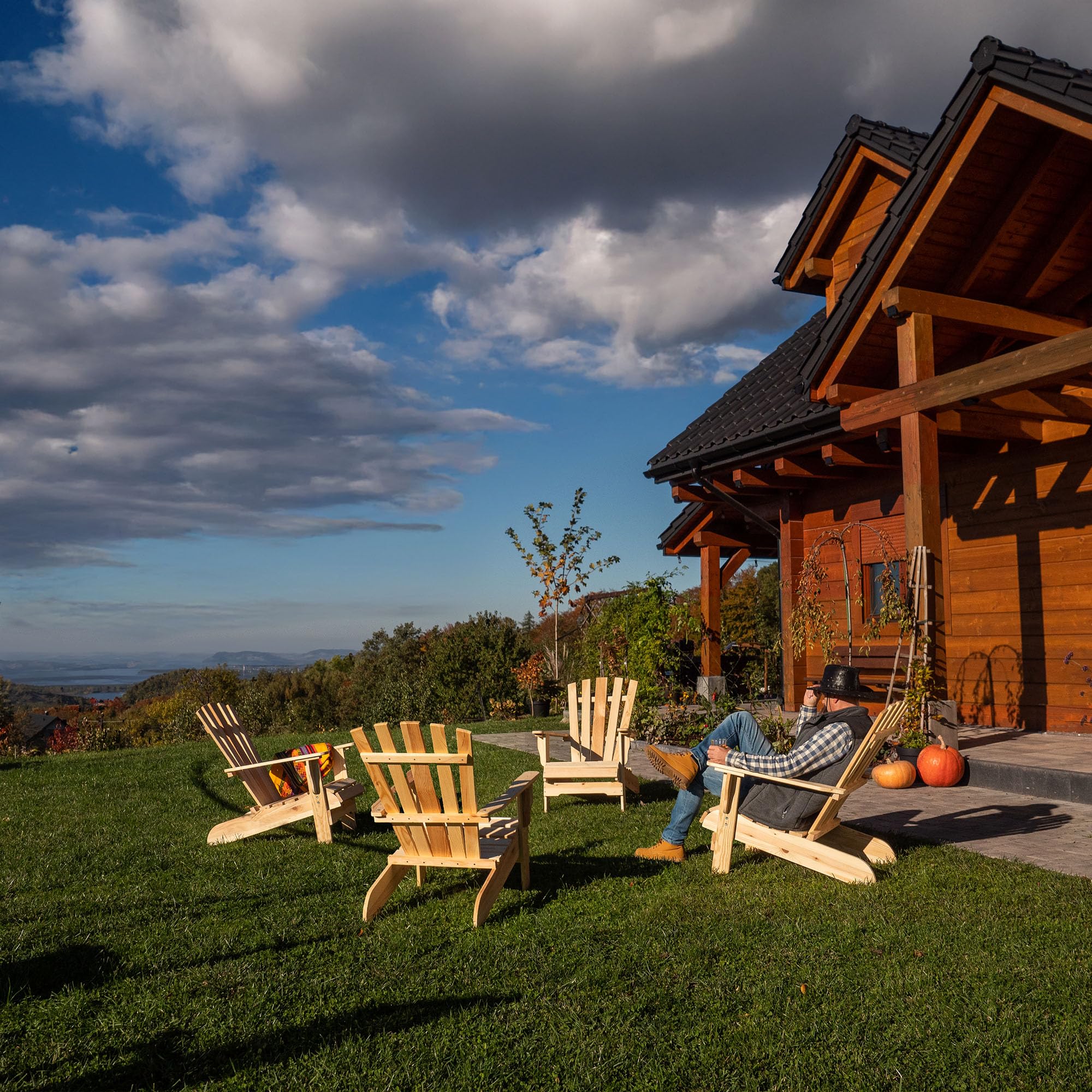 KADAX Silla de Jardín Adirondack de Madera, con Respaldo Alto y Reposabrazos, Silla de Relajación, para Exterior (Madera Natural)