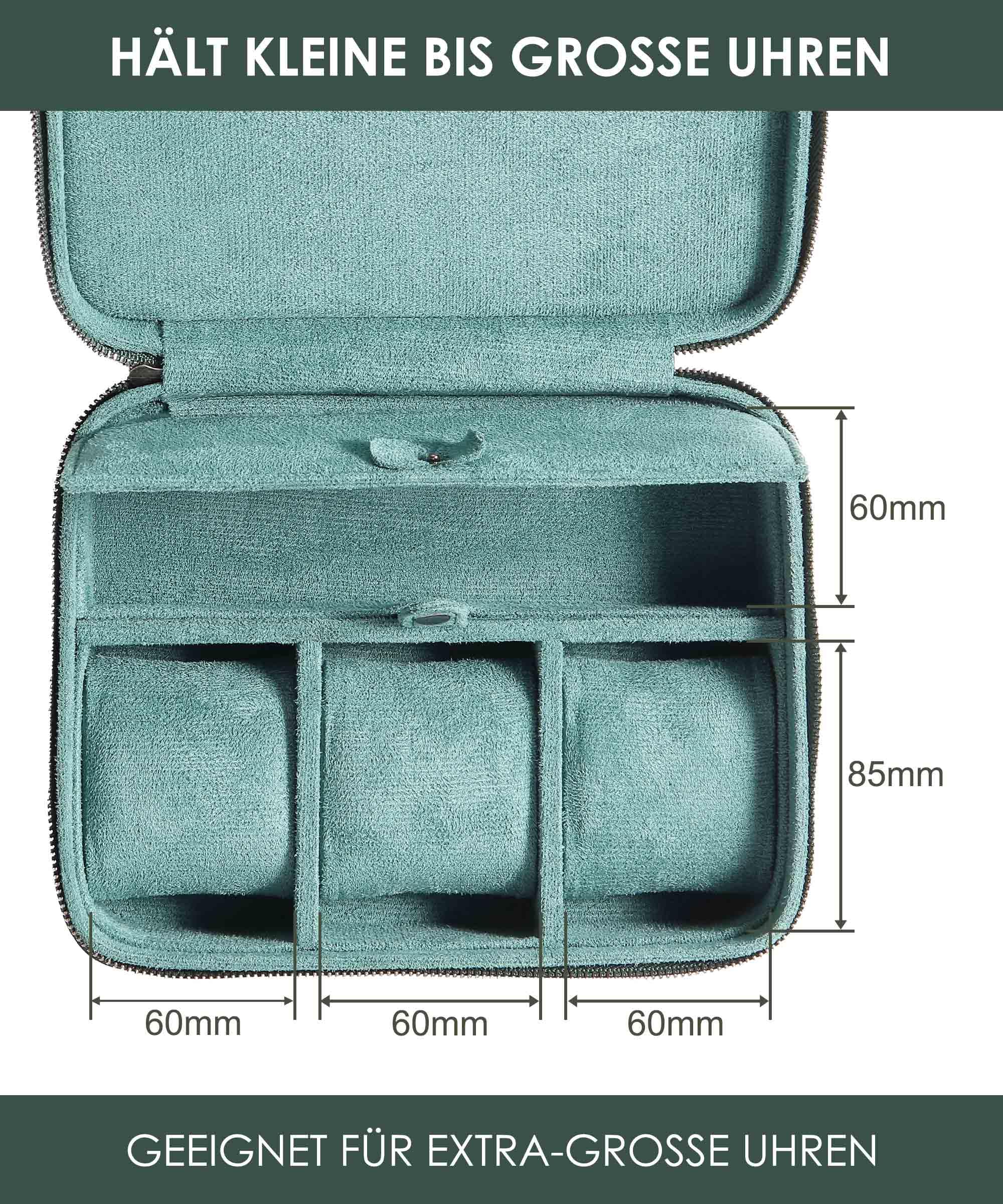 Caja de cuero auténtico para hombre, estuche de viaje con compartimento para gafas, bolsa de transporte de piel auténtica granulada para 3 relojes, rollo de viaje, cremallera (verde)