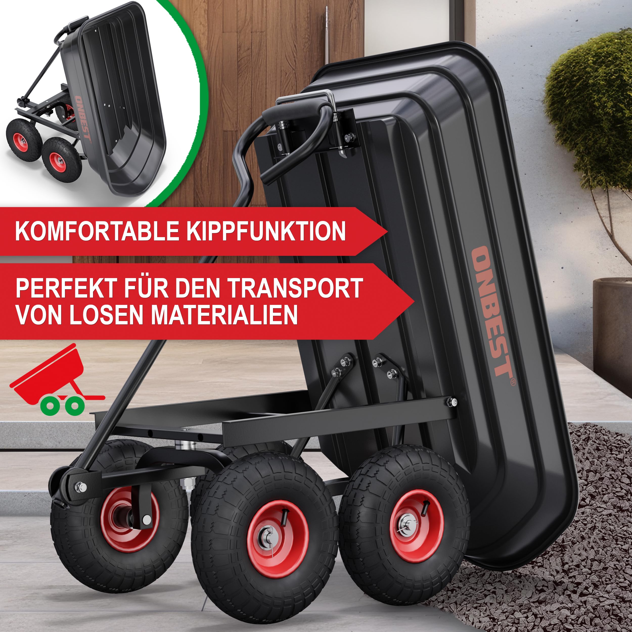 ONBEST Transportwagen mit Kippfunktion – 300 kg, 75 L Wanne | Schwarze Gartenkarre mit großer Kunststoffwanne – als Bollerwagen und Dumper inkl. großem Gartenabfallsack