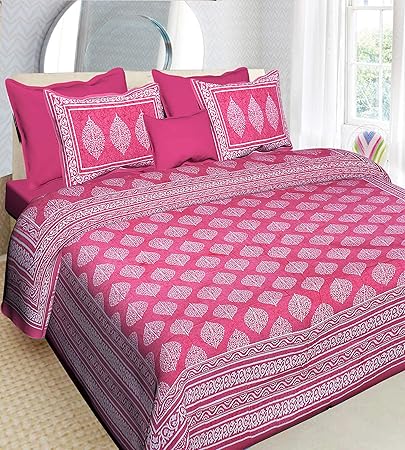 UNIBLISS Cotton Floral Rajasthani Jaipuri Traditional King Size Double Bed Bedsheet with 2 Pillow Covers - (Jaipuri_Bed05), Pink