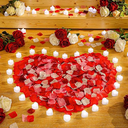 Honoson 1000 pétalos de rosa artificiales con 24 velas LED en forma de corazón sin llama, velas románticas para decoración de mesa de aniversario de
