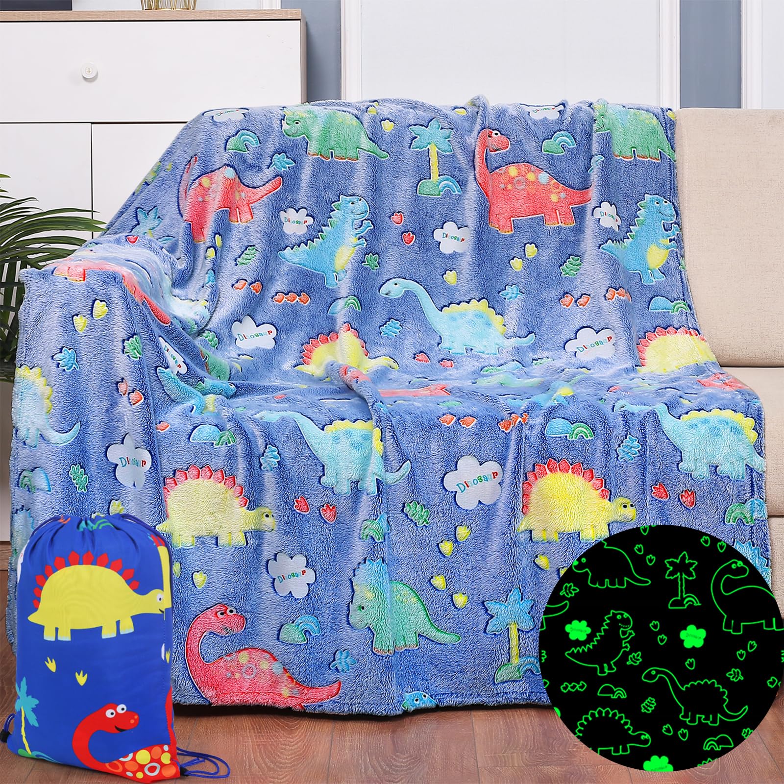 UOMNY Glow in The Dark Blanket for Boys Dinosaur Soft Kids Throw Blanket Luminous Fleece Toddler Blankets for Couch Personalized Gifts for Kids Birthday Christmas 50 x 60 inch Blue