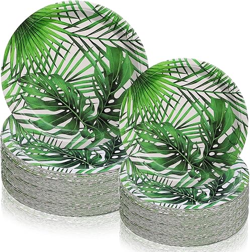 Fuutreo 100 platos de papel tropical para fiesta, hojas de palma verdes, platos de papel de postre de 7 pulgadas y 9 pulgadas, platos desechables