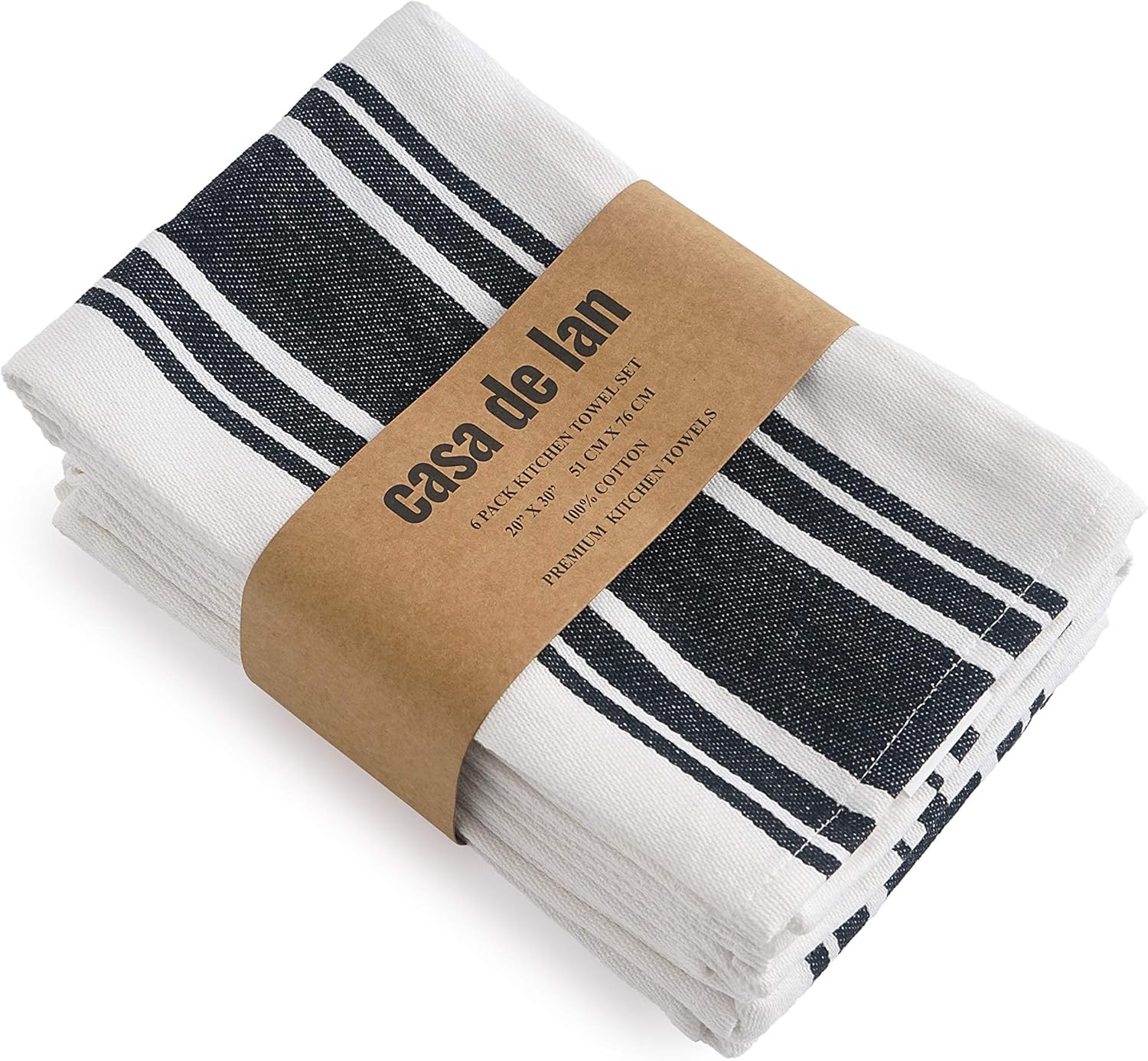 Kitchen Towels Set – Pack of 6 (20’’ x 30’’) Extra Large Premium Cotton Dish Towels for Kitchen – Super Striped Towels – Absorbent – 100% Cotton – with Hanging Loop – Black