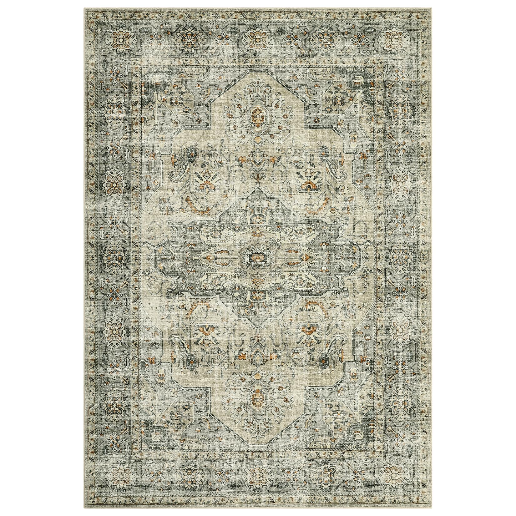 LUXLOOM Washable Area Rug 6x9 Rug for Living Room Vintage Bedroom Rug Distressed Beige Rug Non Slip Throw Rugs Non Shedding Stain Resistant Carpet for