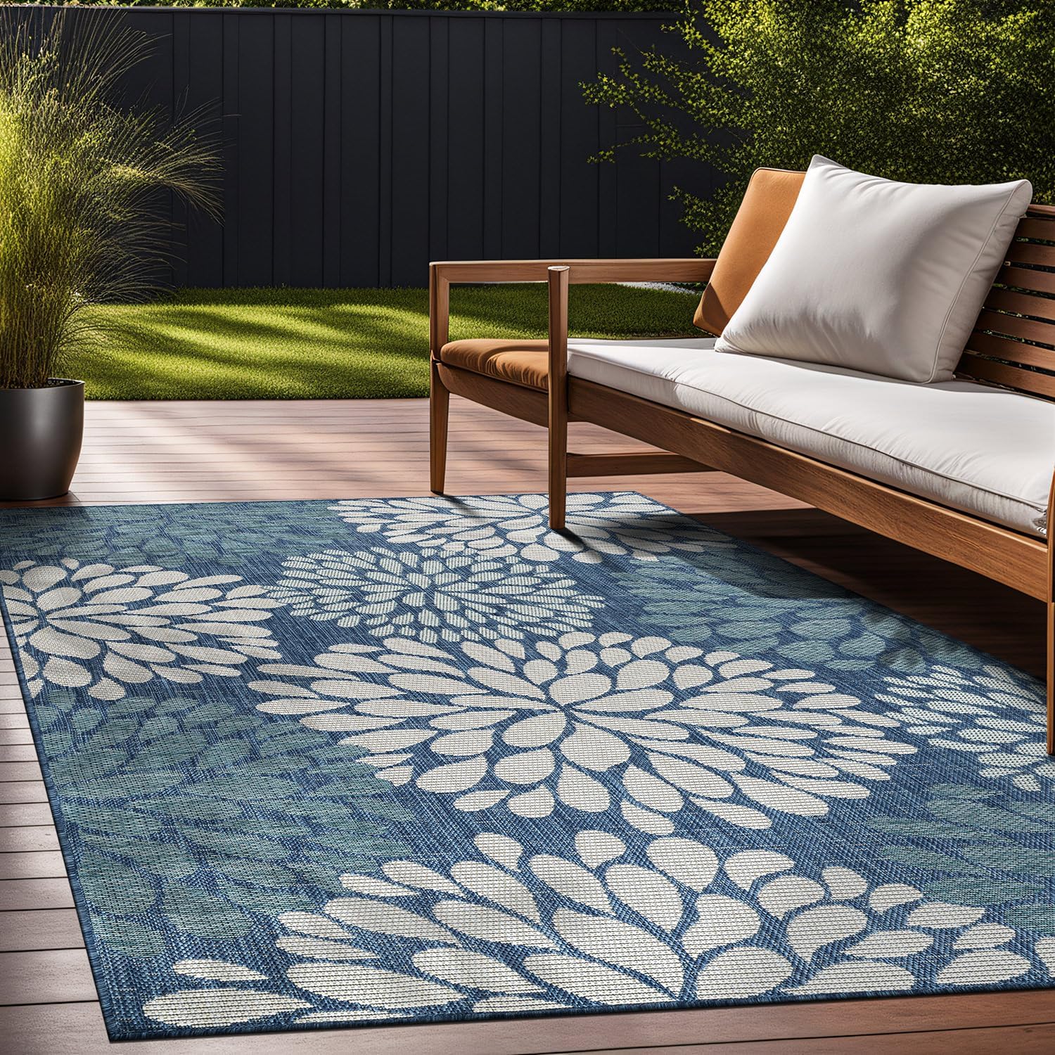 Beverly Rug Outdoor Rug 9x12 Modern Exotic Tropical Leaf Area Rugs for Indoor and Outdoor Patio Deck Porch Garden Water Resistant Washable Outside Carpet (9 x 12 Blue)