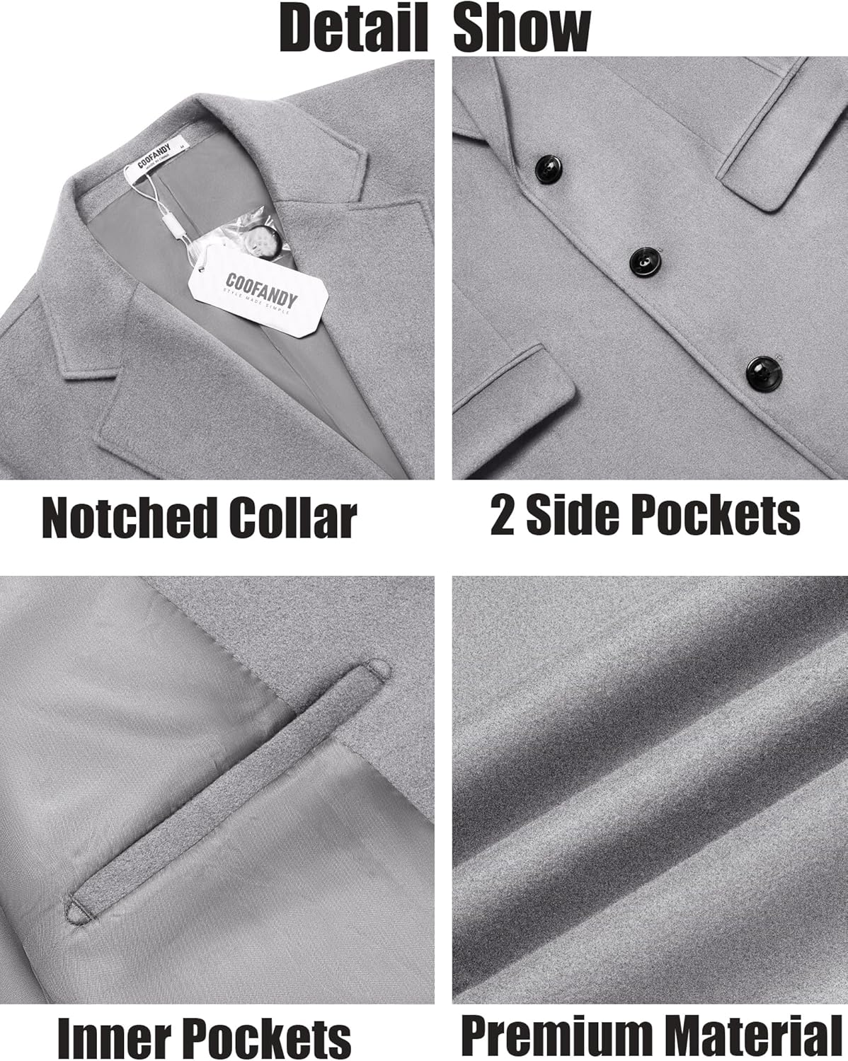 COOFANDY Mens Trench Coat Long Casual Single Brested Overcoat Winter Notched Collar Wool Blend Pea coat With Pockets - Image 5
