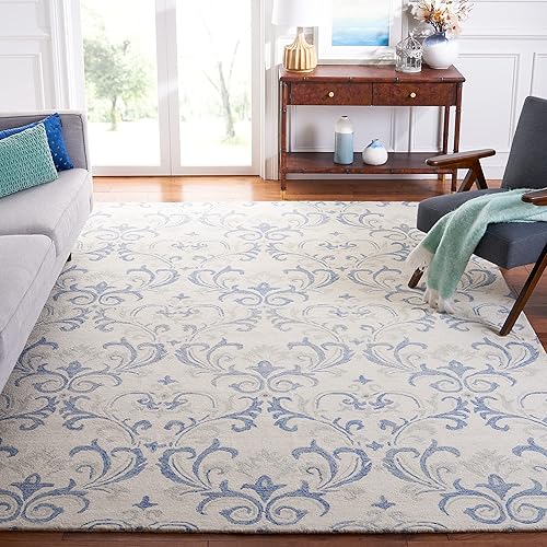 Miniatura 9 de SAFAVIEH Jardin Collection - Alfombra de área de 5 x 8 pies, marfil y azul, hecha a mano, lana floral, ideal para zonas de alto tráfico en sala de