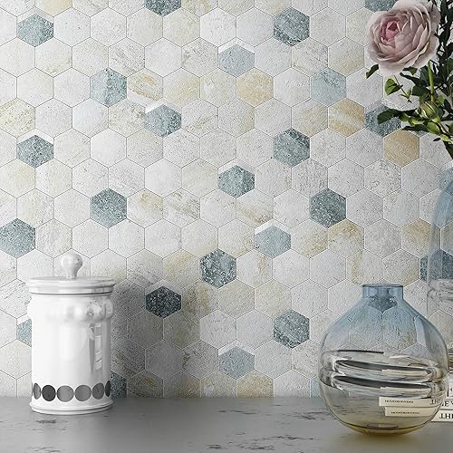 Miniatura 43 de VAOVI Peel and Stick Backsplash Tile,Backsplash Tile for Kitchen Peel and Stick Wall Panels Hexagon Marble Tile(White Silver,5pcs)
