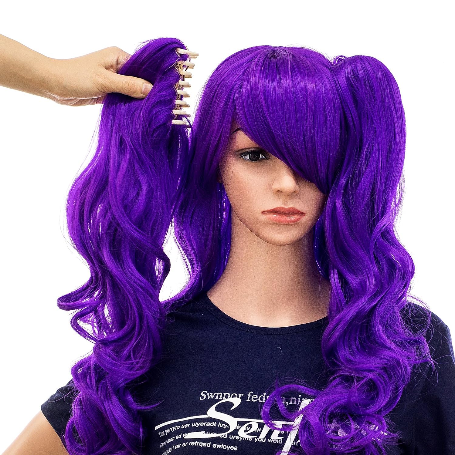 SWACC Long Curly Double Claw Clip on Ponytail Wig Synthetic Pastel Colorful Cosplay Daily Party Wig for Women with Wig Cap (Purple)