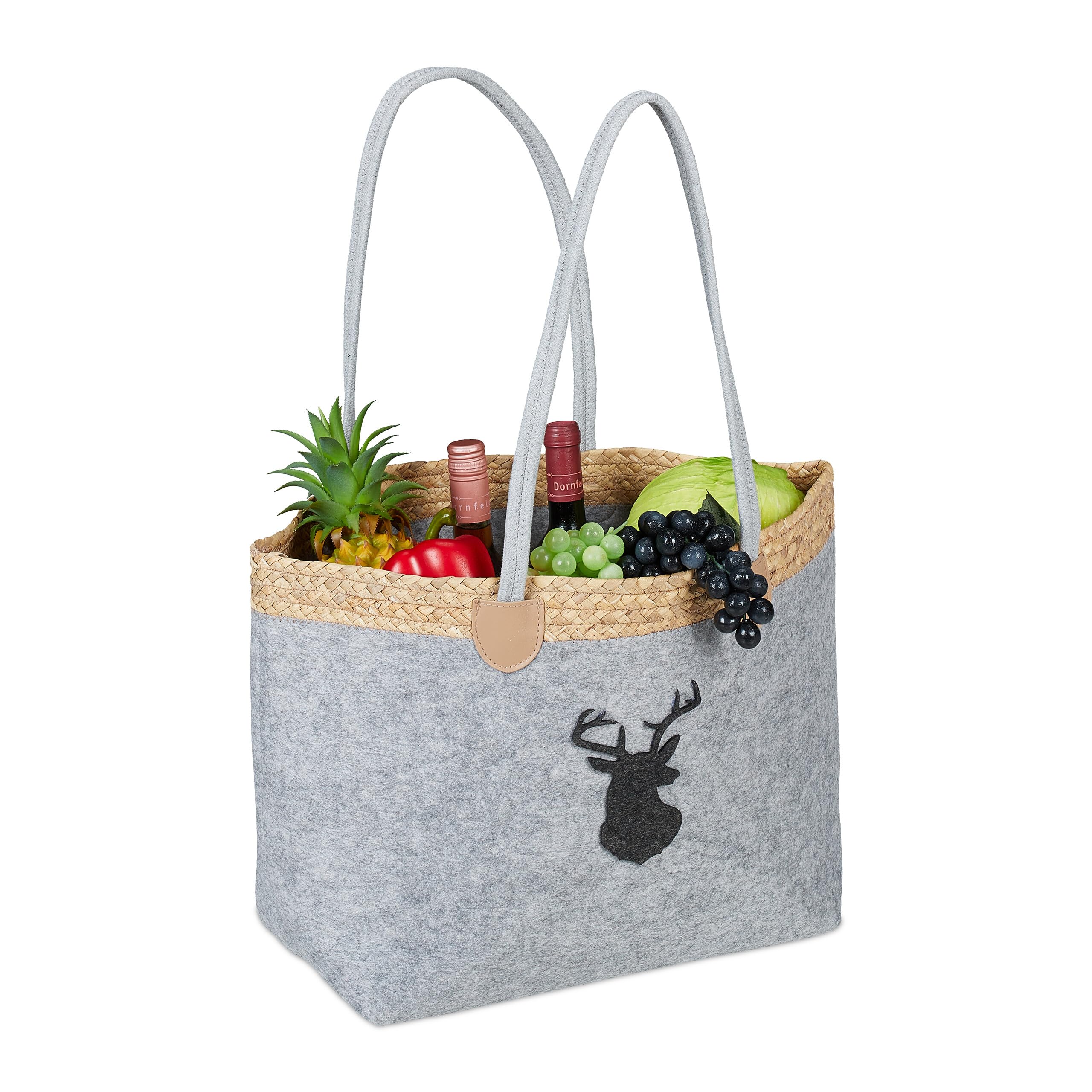 Relaxdays Portalegna da Interno in Feltro, Cesta da 35 L, Borsa con Manici Porta Legna con Disegno di Cervo, Grigio