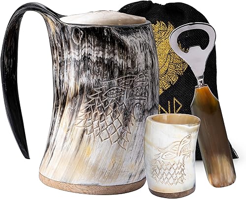 Miniatura 7 de FENRIR Juego de tazas de cuerno vikingo de 16 onzas  Regalos para hombres, papá, esposo  Regalo único vikingo  Taza de cuerno de buey real hecha a