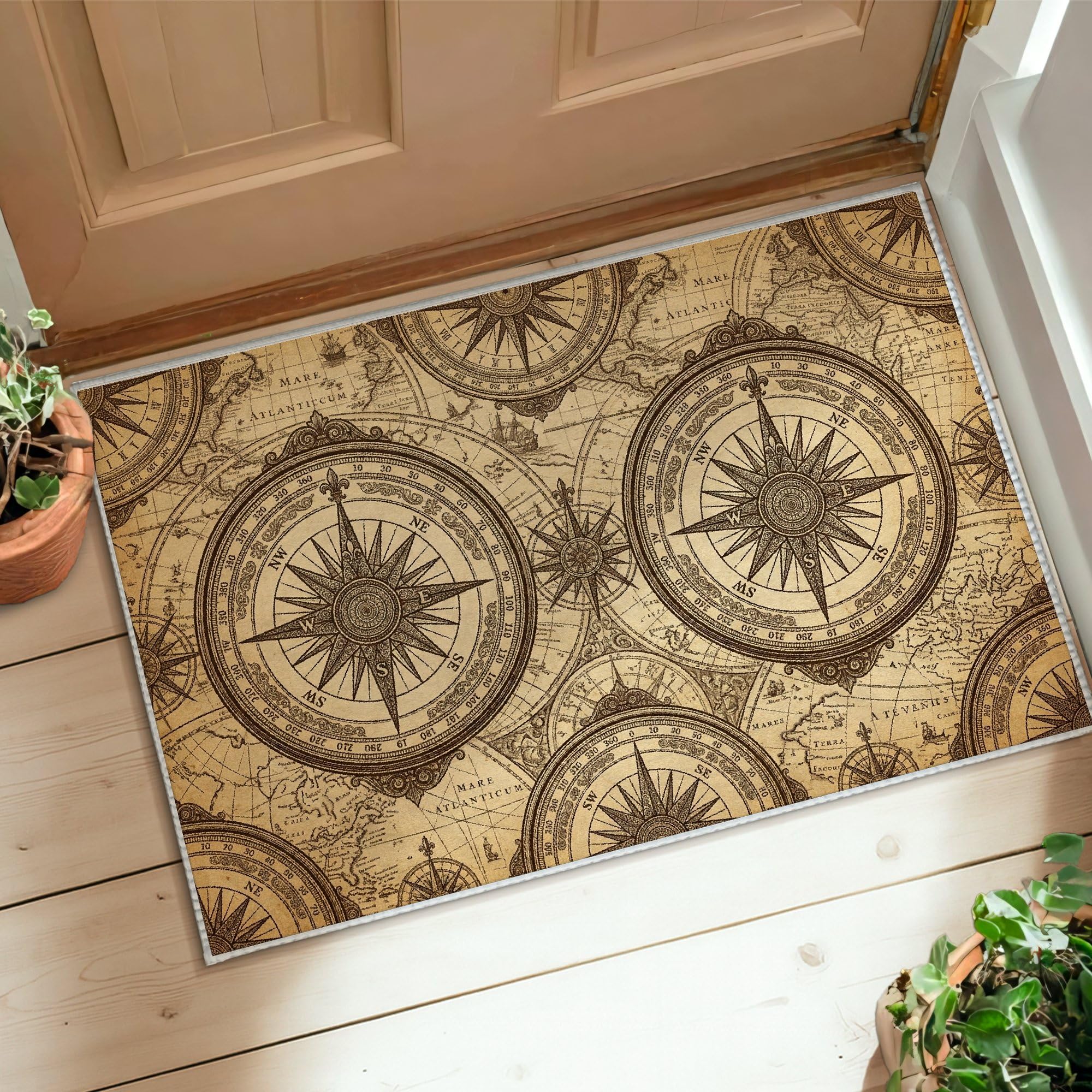 Tapis boussole rose antidérapant et absorbant pour salle de bain et entrée