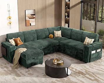 Vipbear 111" Modular Sectional Sleeper Sofa with Pull Out Bed, 7 Seat Plush Corduroy L Shaped Couch with Reclining Backrest|USB|Cupholders|Side Table|Storage Chaise Armrests, Tool Free Assembly, Green