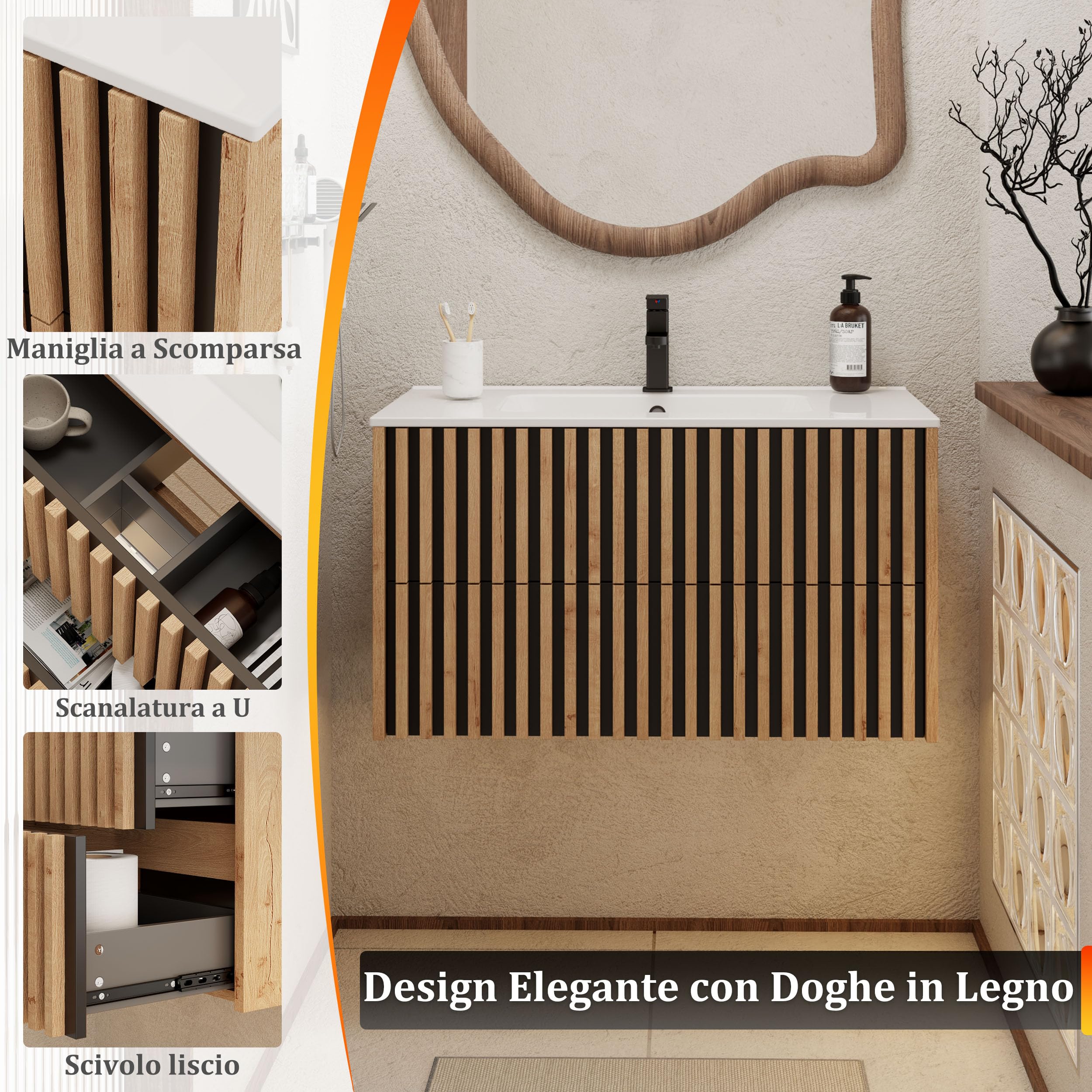 UEV Mobiletto Bagno Sospeso da 90CM con Lavabo in Ceramica, Mobiletti Lavabo Incluso con 2 Cassetti da Archiviazione, Lavadino Bagno con Mobile Moderno e Pratico, Bianco Avorio