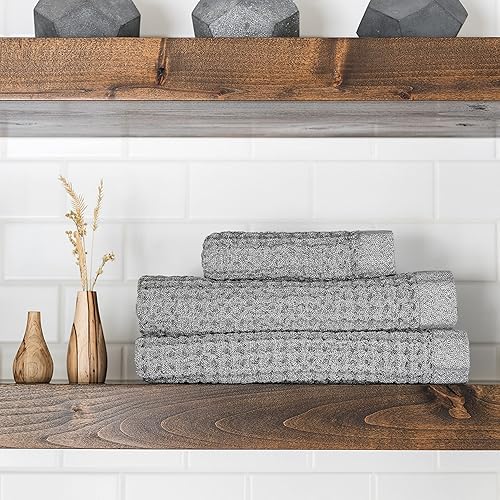 Miniatura 8 de ONSEN Juego de toallas de baño, tejido gofre, juego de toallas de baño de 3 piezas, 100% algodón Supima, ultra suave, de secado rápido, toalla de