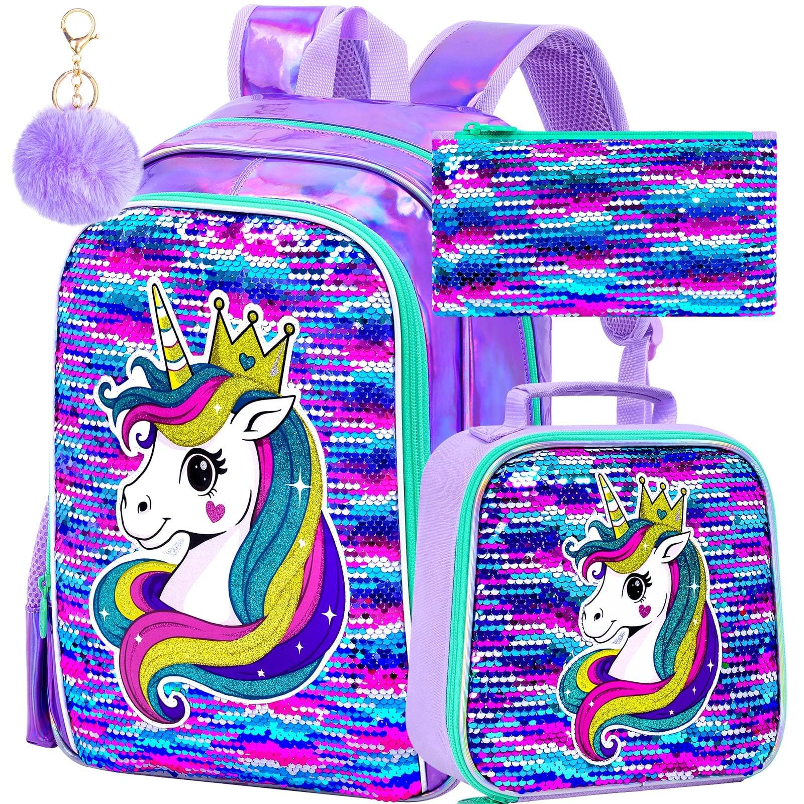 CCJPX 3Pcs Unicorn Backpack, 16” Girls Sequin Bookbag with Lunch Box, Kids Water Resistant Elementary School Bag for Kindergarten Preschool Toddler (Purple)