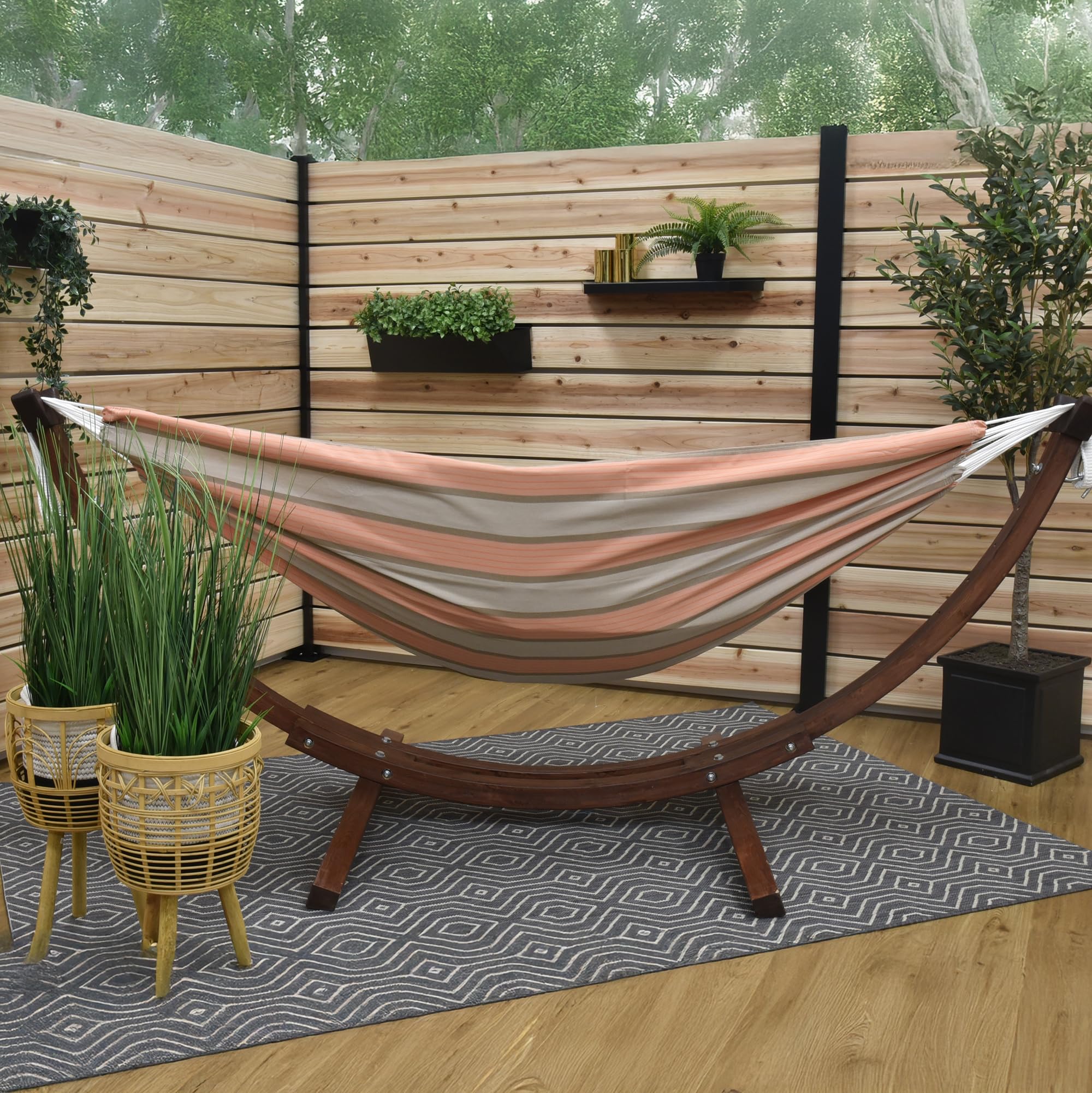 Vivere C8SPSN-CA podwójny hamak z Sunbrella® ze stabilnym stelażem łukowym z litego drewna sosnowego – Cameo