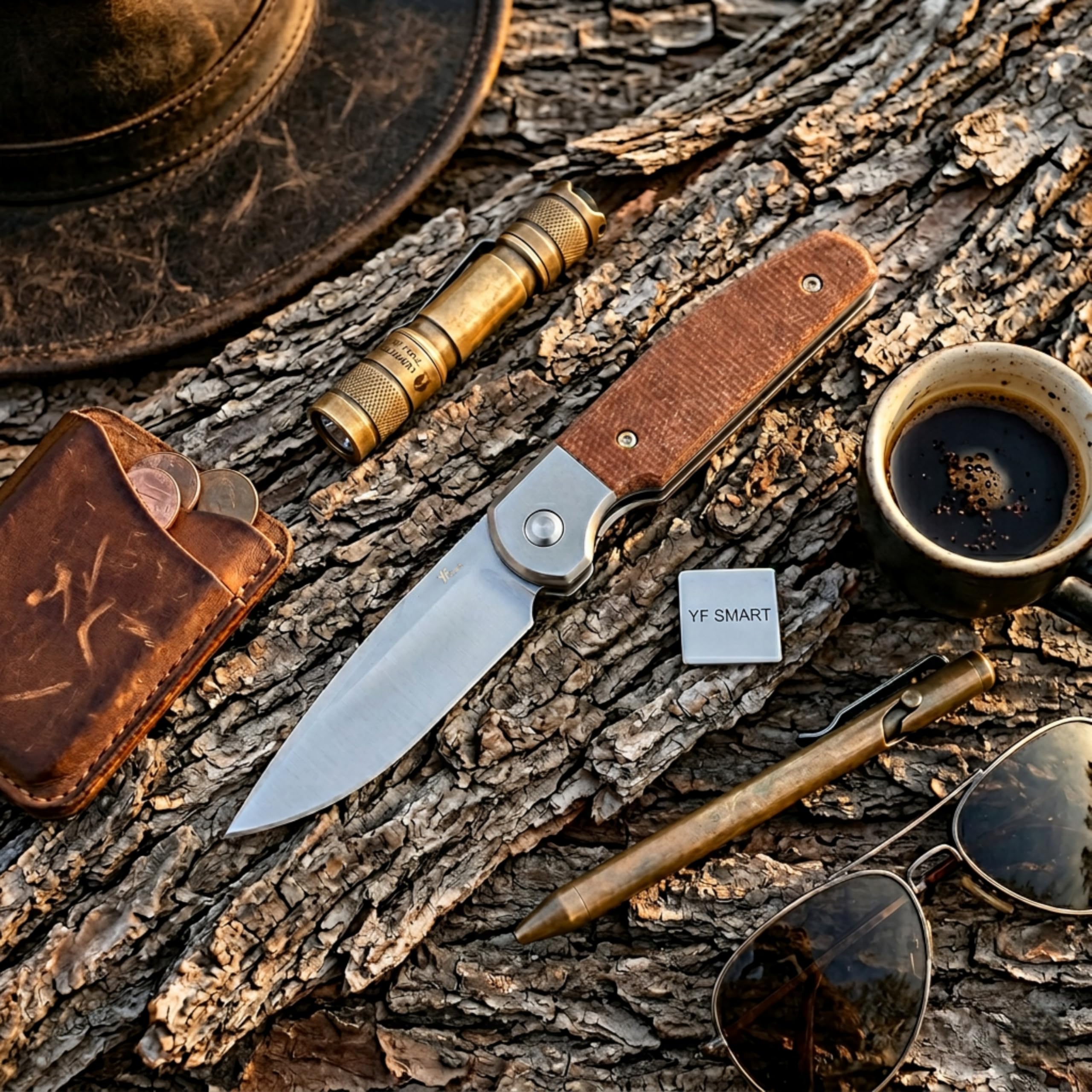 Nóż YF SMART Small Floding Pocket EDC – ostrze typu drop point, rękojeść z brązowego płótna z micarty, głęboki klips do kieszeni, kompaktowy składany nóż na kemping, piesze wycieczki i przygody (Mini)
