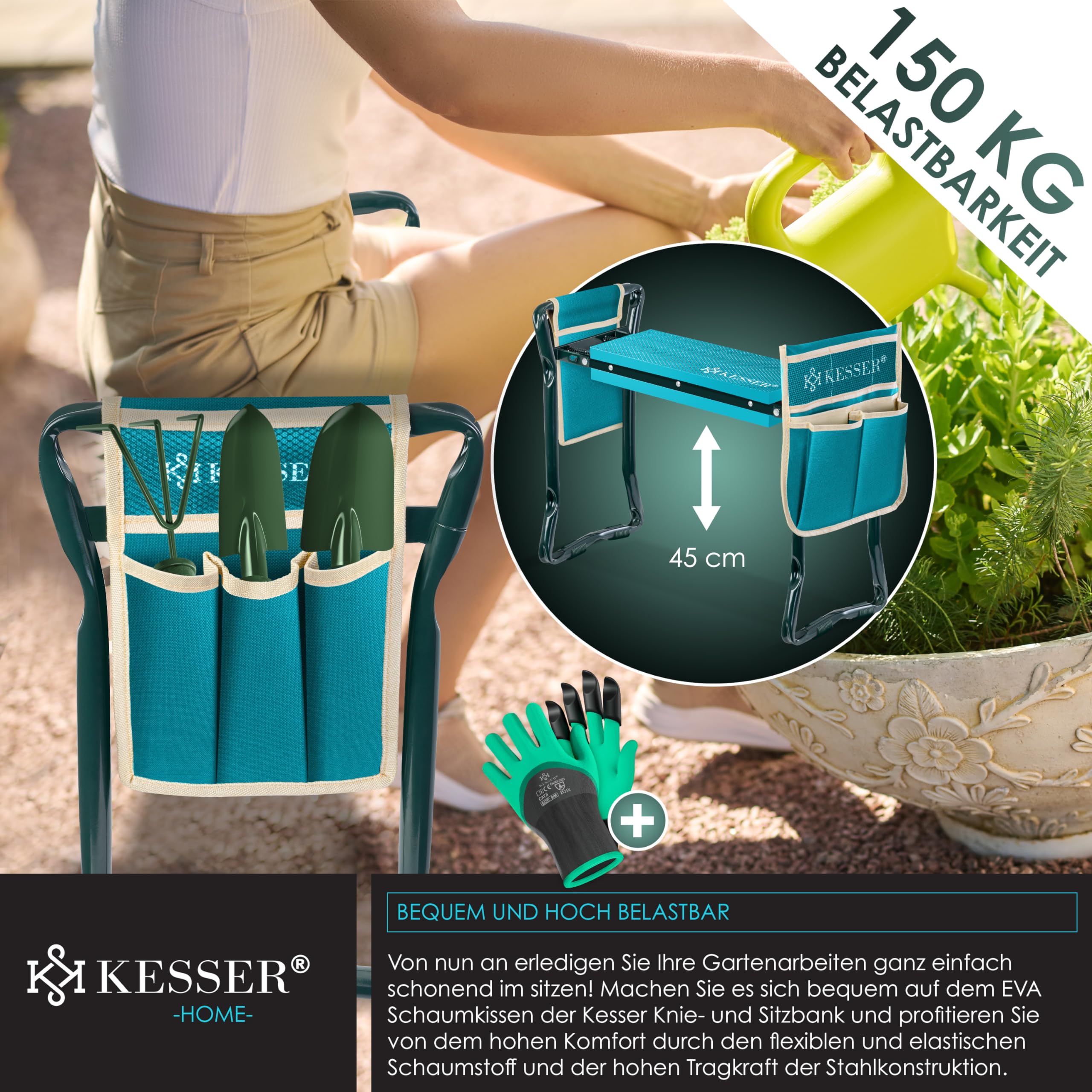 KESSER® 2 in 1 XXL Kniebank für Gartenarbeit Gepolstert Sitzunterlage Eva-Schaumkissen Gartenhocker Klappbar | 2X Werkzeugtasche Handschuhe Gartenkelle & Rechen | Gartenbank 60x50x27cm bis 150 kg