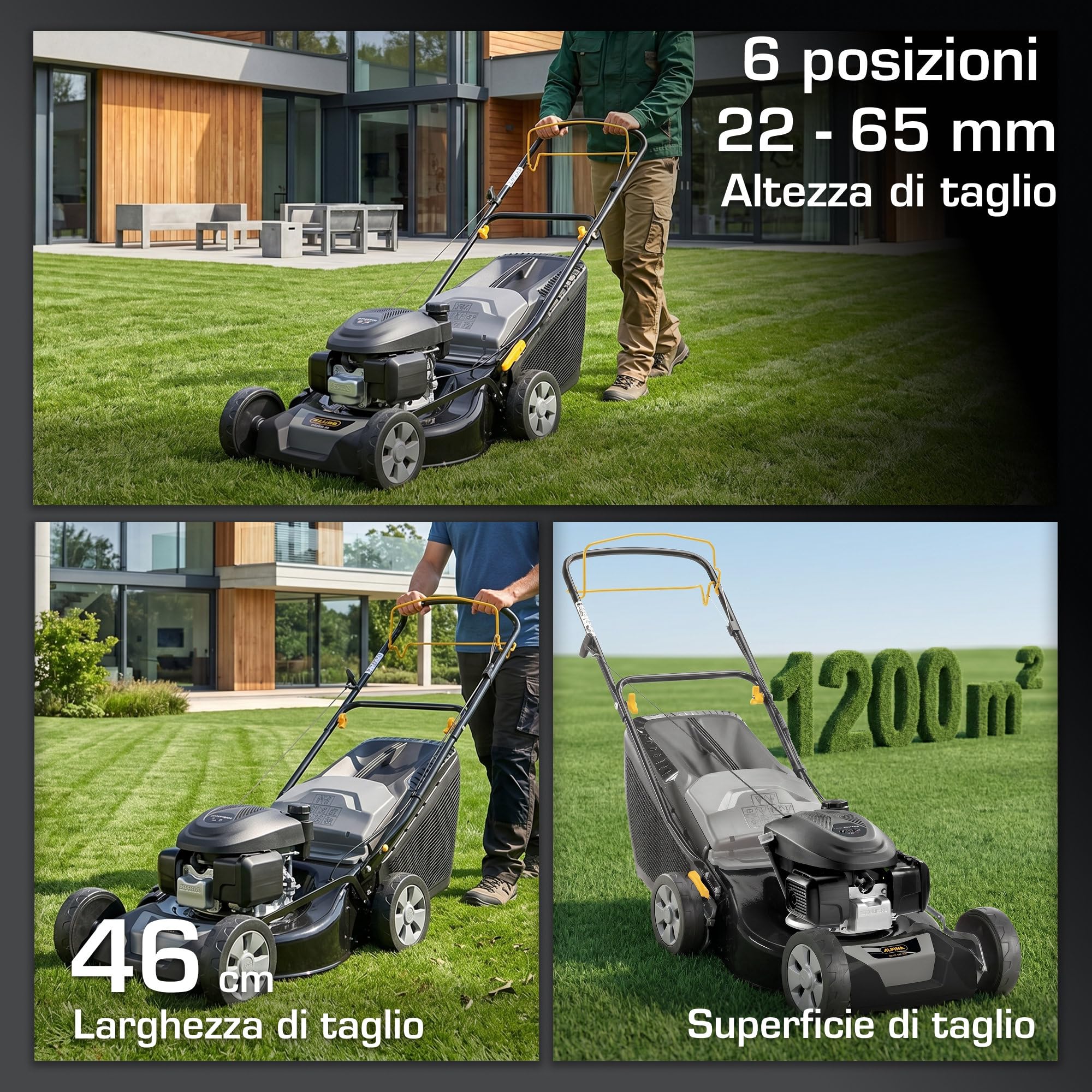 Alpina AL4 46 SH Tagliaerba Semovente, 145 cc, 46 cm – Sacco 60 l, Regolazione Centralizzata 6 Pos. – Prati fino a 1.200 m²