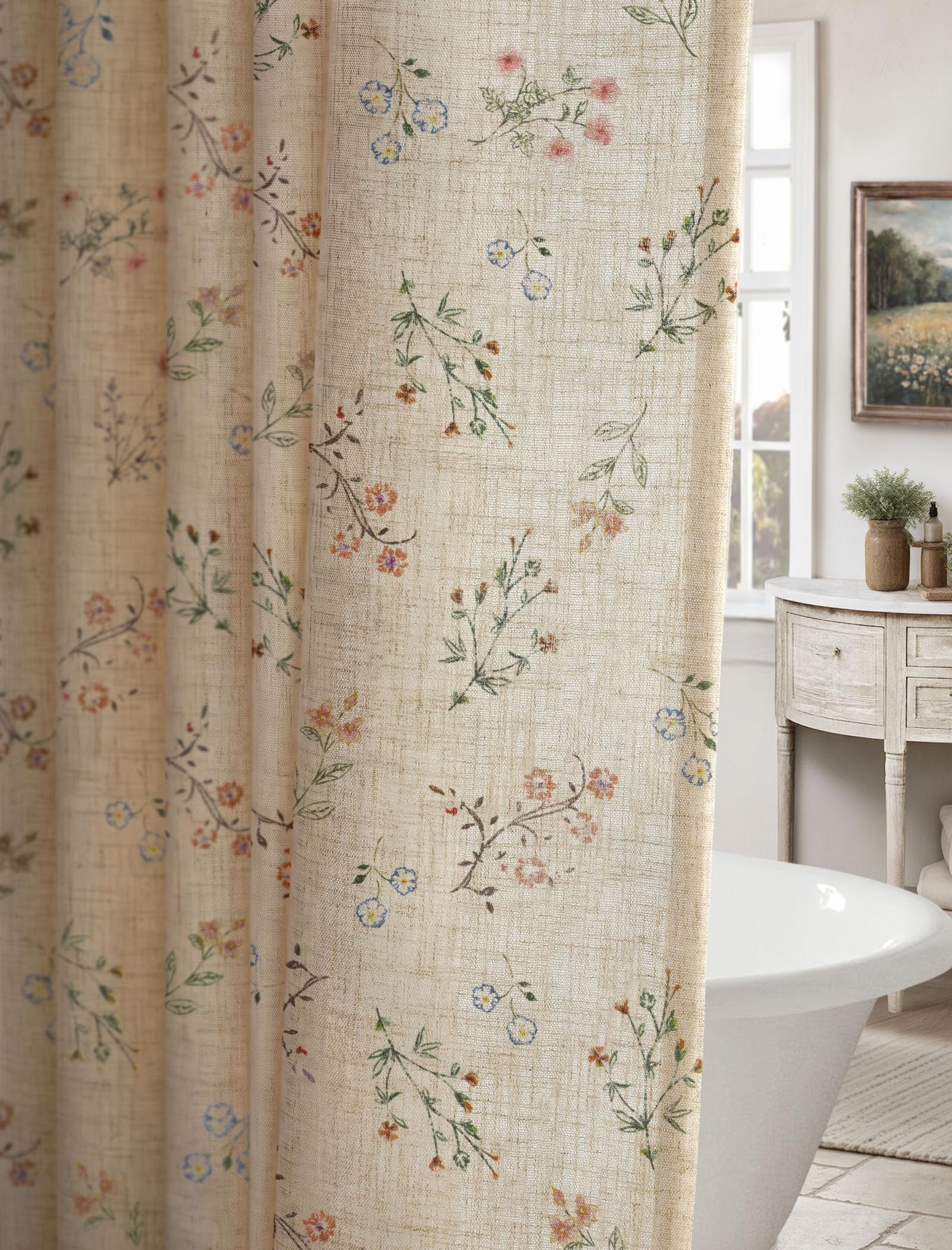 Floral Farmhouse Vintage Linen Shower Curtain French Country Decor 72Wx84H — image 1