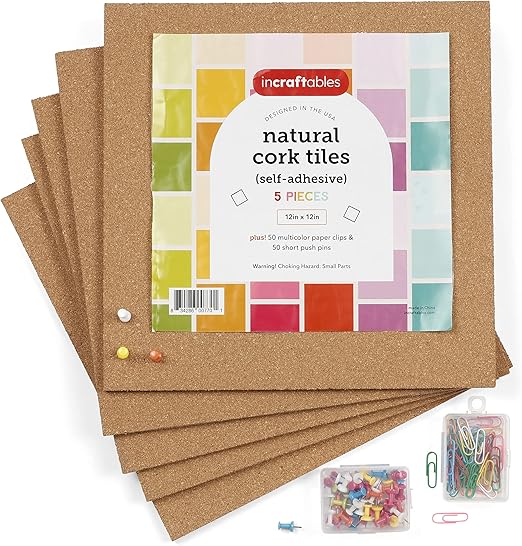 Incraftables Adhesive Cork Board for Walls (5pcs - 12 x 12 inch Squares). Vision Board for Wall, Office & Home. Best Bulletin Board Self Adhesive Sheets with Clips Pins & Push Pins