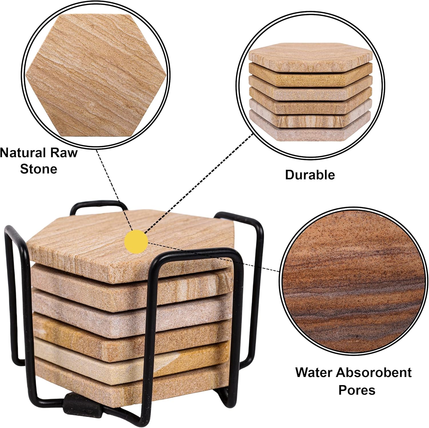 Sandstone Water Absorbent Hand Crafted Hexagon Coasters for Drinks - 4 Inches Wide Thirsty Stone Bar/Drink Coasters- Made from Rainbow Sandstone (Set of 6 Without Holder) - Image 5
