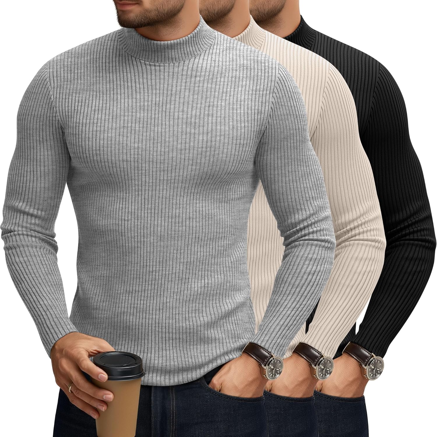 3 Pack Men's Mock Turtleneck Sweaters Cotton Long Sleeve Ribbed Pullover Sweater Knit Slim Fit Mock Neck Tshirts