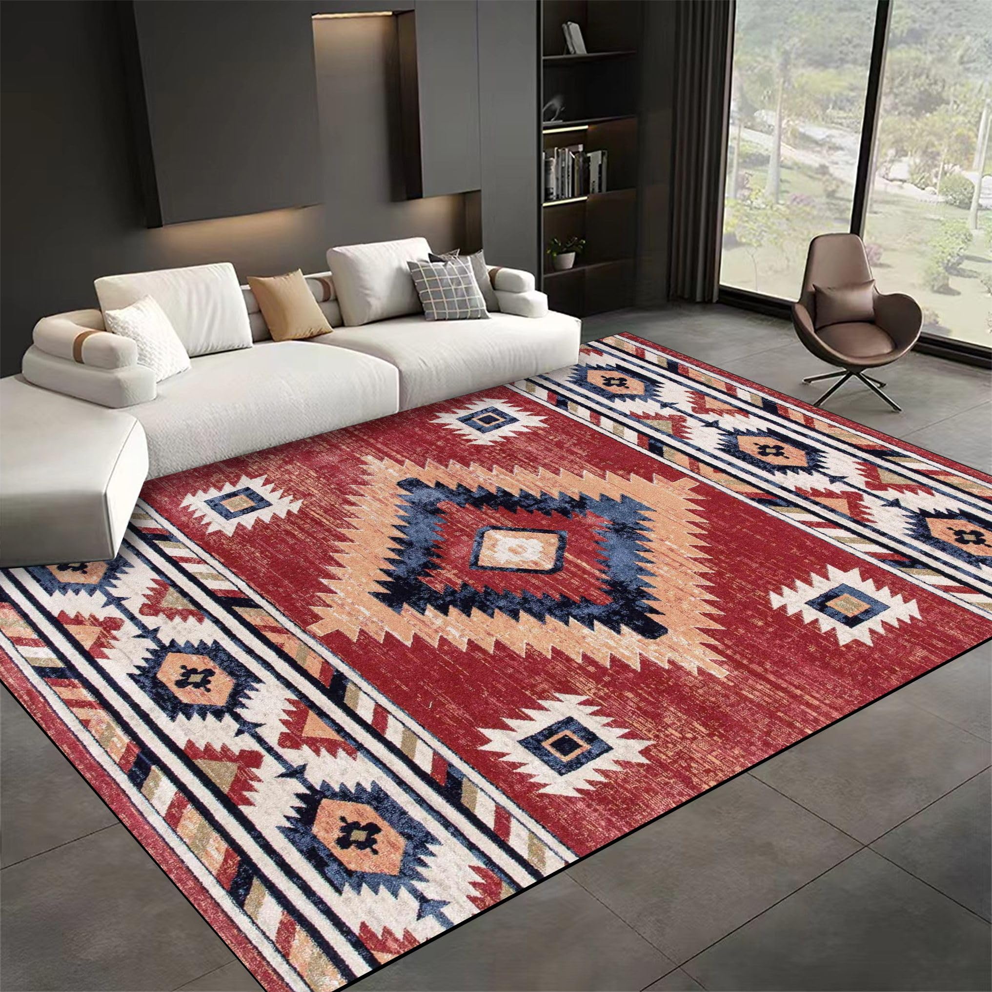 SMXVRC Southwestern Rustic Area Rugs, 100x150cm, Rustic Native Red Print Runner Rug, Soft Durable Dirty Resistant Carpets, with Non Slip Backing Machine Washable Mat for Porch Dining Room
