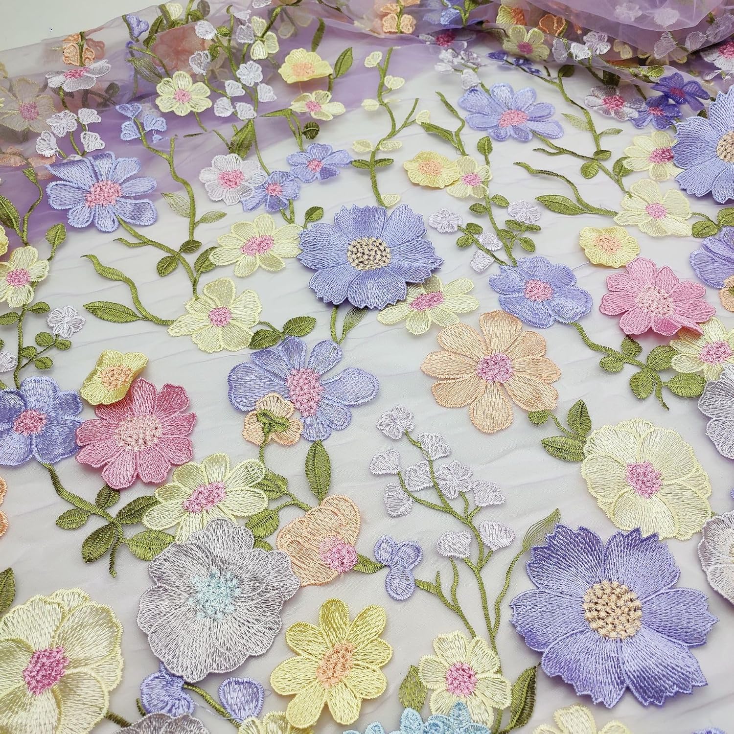 3D Flowers Embroidery Lace Fabric, 59 Inch Wide Soft Tulle Mesh Embroidered Lace Trim for Wedding Dresses Curtain Table Cloth DIY Craft Embellishments (2 Yards,Purple)